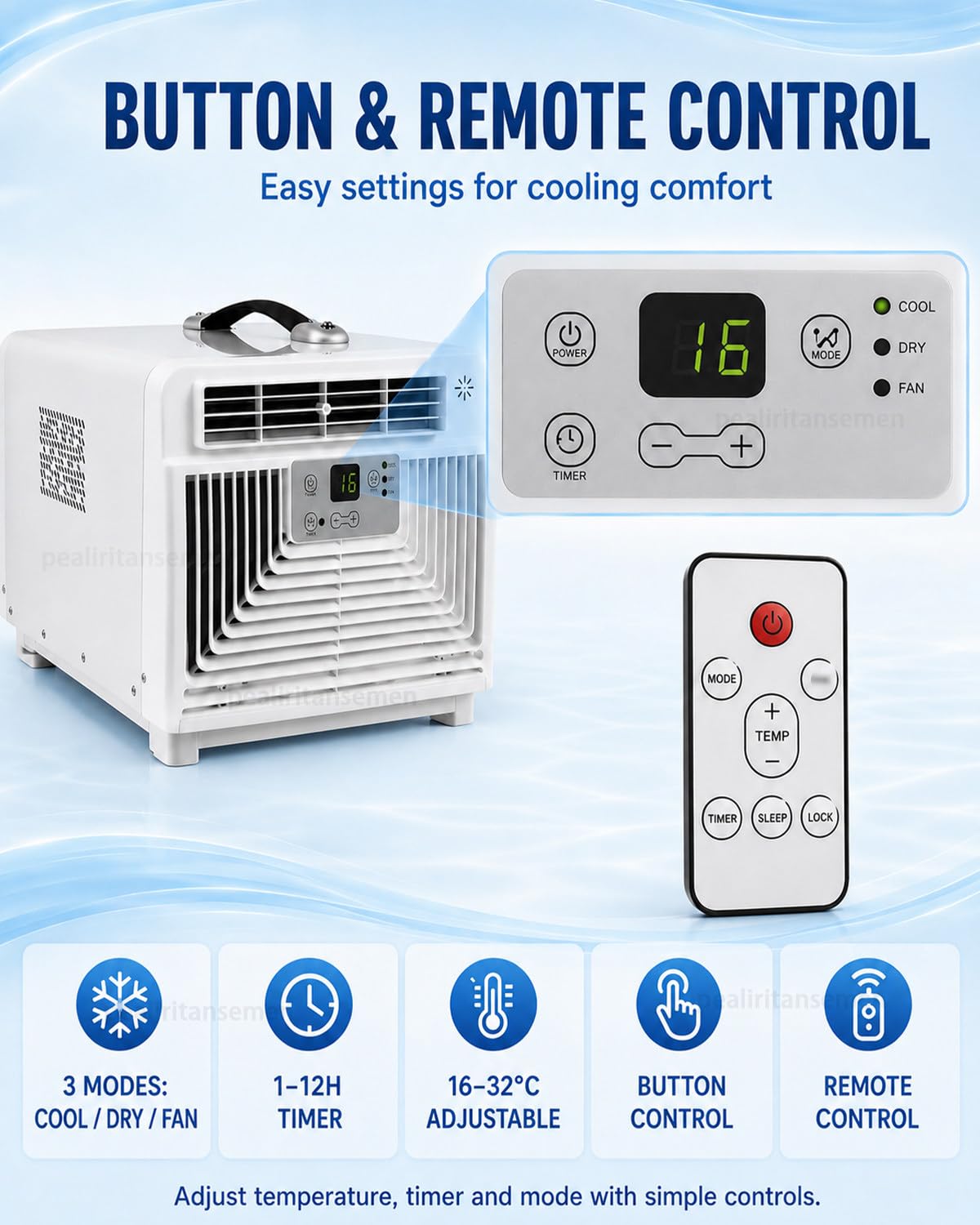 Klimatyzator Mobilny 3400 BTU, Kompaktowe Urządzenie 3 W 1 Z 3 Trybami I Mocą Znamionową Tylko 300 W, Pilot Zdalnego Sterowania I Timer 1–12 Godzin, Do Akademika, Namiotu I Kampera