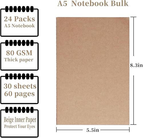 Miniatura 3 de Paquete de 24 cuadernos de papel kraft A5 a granel, cuadernos de papel rayado, 8.3 x 5.5 pulgadas, 60 páginas, cuaderno de composición para viajes,