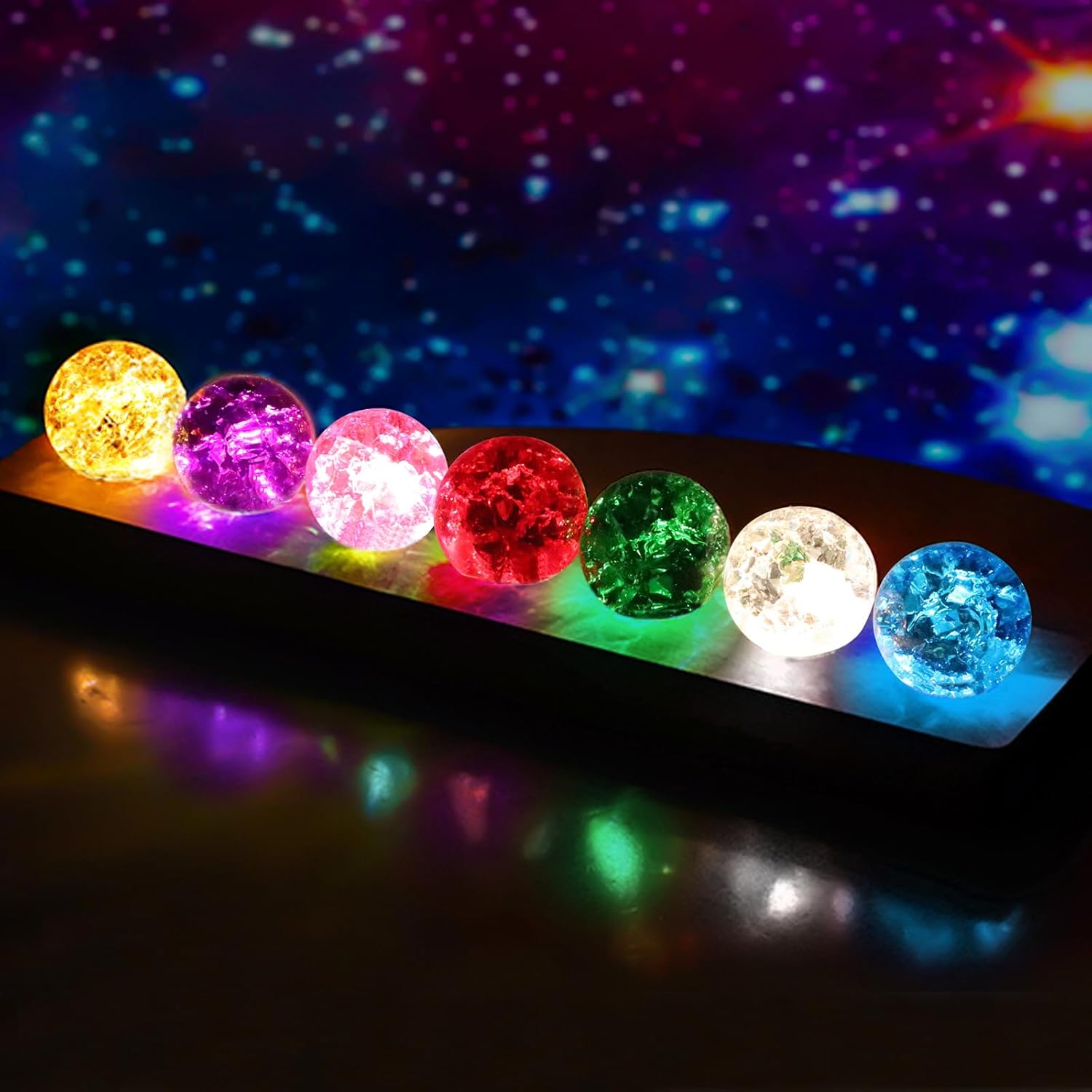 7 Colors 40mm Ice Cracked Crystal Balls with LED Wooden Base, Crystal Chakra Balls Glass Healing Crystal Night Light for Meditation Decoration Ball Set for Home Living Room