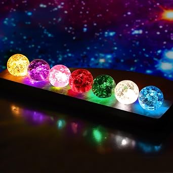 7 Colors Chakra Crystal Ball, 40mm Ice Cracked Glass Crystal Ball with LED Wooden Base Meditation Healing Spheres Night Light Decoration Ornaments for Home