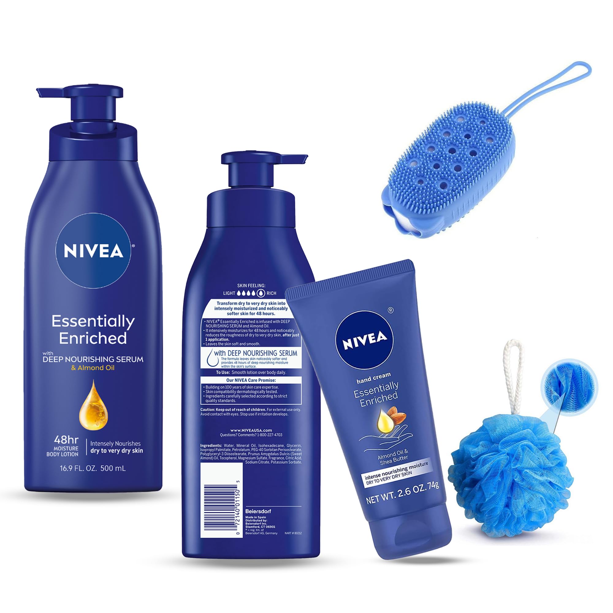 Bath kit : Body Scrubber & Sponge Compatible With + 2 Bottles of NIVEA'® Essentially Enriched Body Lotion (20fl Oz) and Hand Cream (3.4fl Oz)