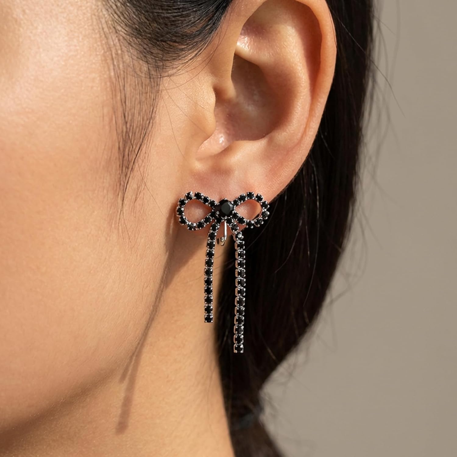 Clip On Bow Earrings for Women Black Rhinestone Bowknot Dangle Earrings Non Pierced Sparkly Statement Jewelry for Evening Party Wedding Guest Cocktail Outfits