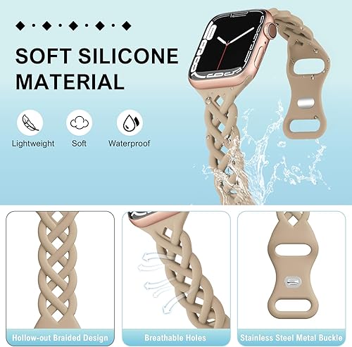 Miniatura 2 de Correas de silicona trenzadas compatibles con Apple Watch de 1.49, 1.57, 1.61, 1.65, 1.73, 1.77, 1.77 y 1.73 pulgadas, correa delgada y hueca para