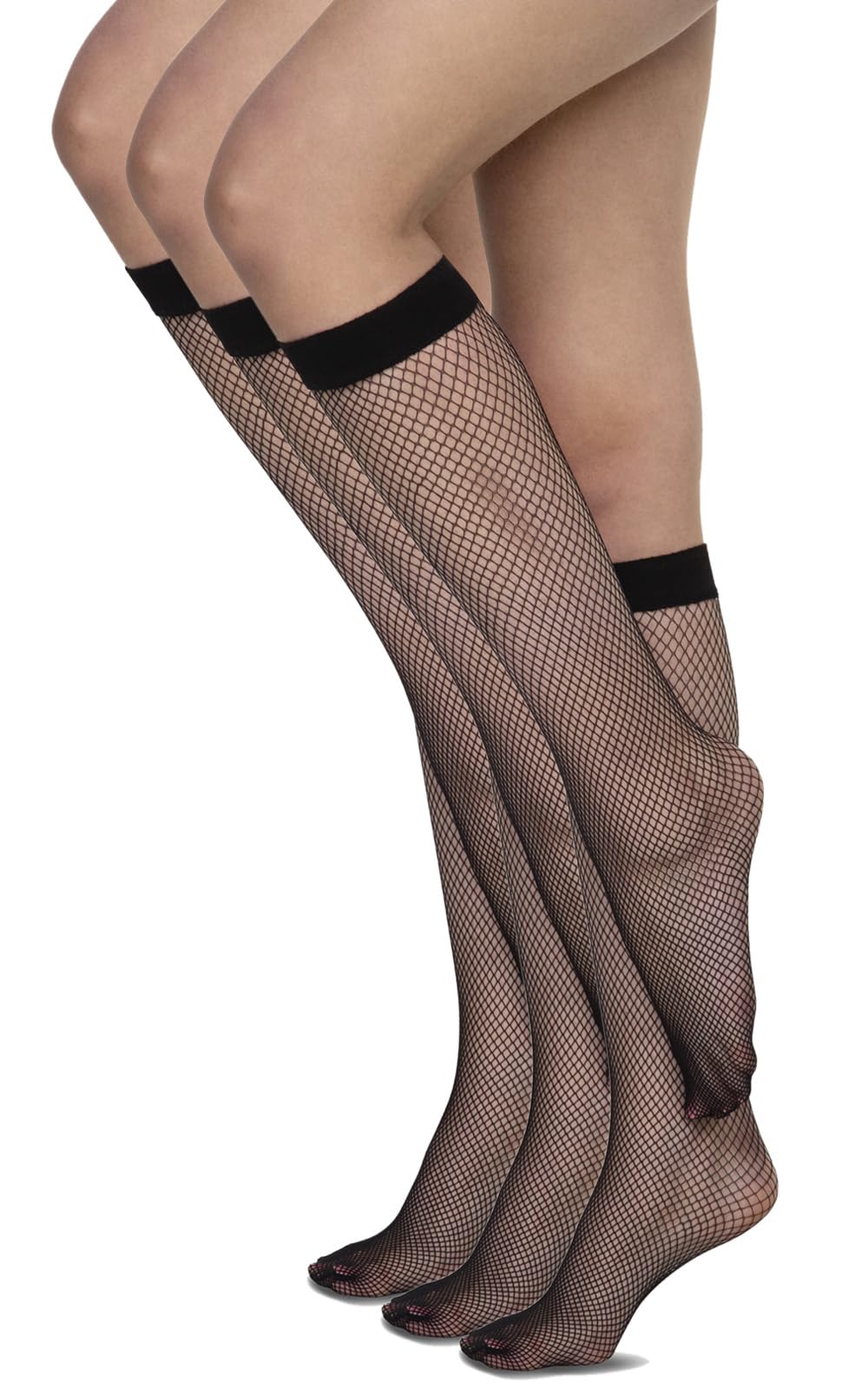 Annes styling Womens Netted Knee-High Socks Fishnet Style Basic Stocking Under Knee Tighs, Rete Nero, 3-Pack