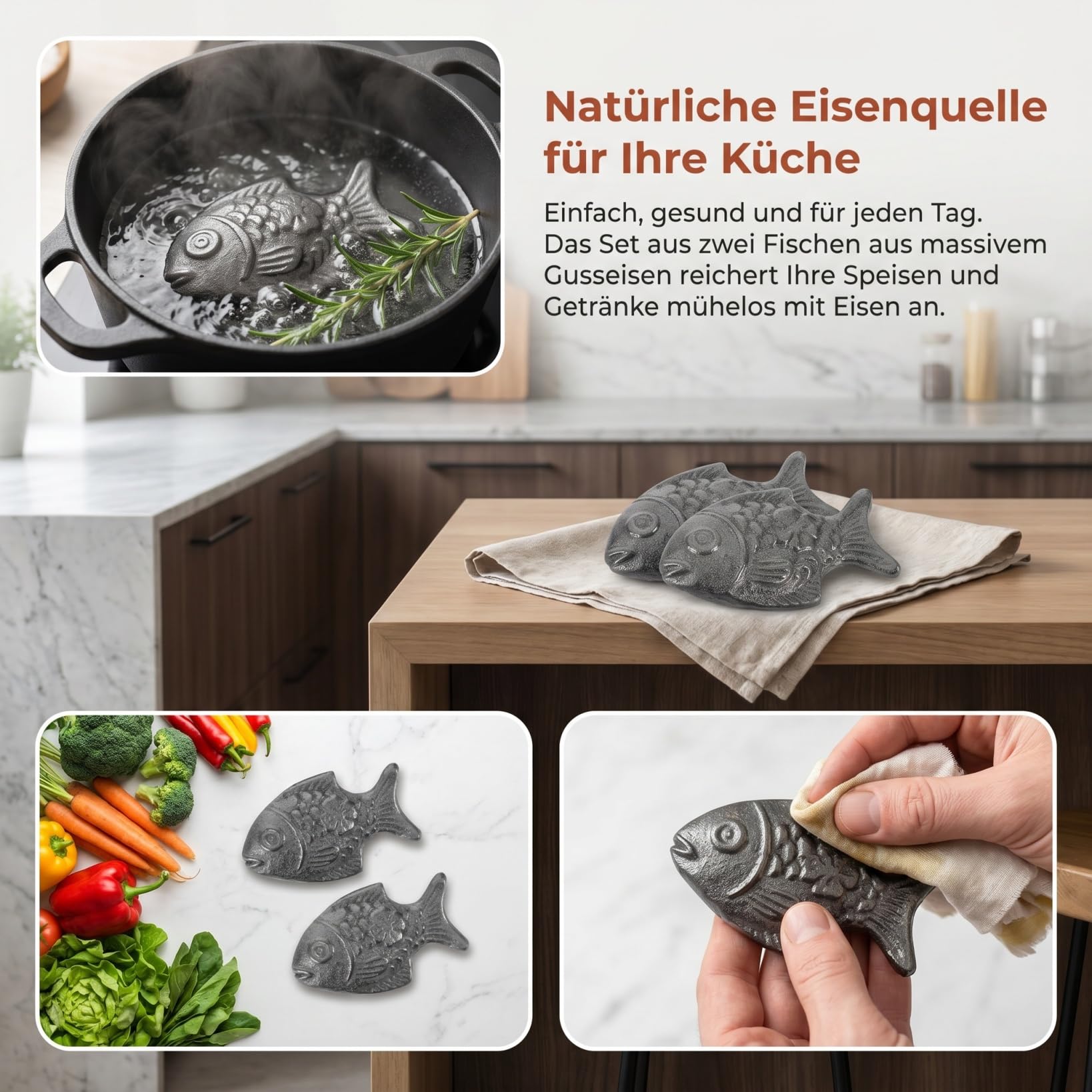 POPETPOP 2 Stück Eisenfisch zum Kochen, Gusseisen Iron Fish für Suppen und Wasser, Natürliches Fischkochwerkzeug für Vegane Ernährung