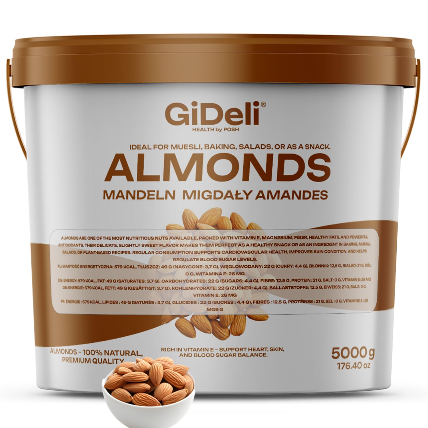 GiDeli Mandeln 5kg naturbelassen und ungesalzen im Eimer reich an Vitaminen & pur im Geschmack
