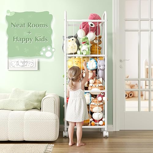 Miniatura 5 de Tubo de metal de almacenamiento de animales de peluche, organizador de almacenamiento de juguetes extra grande con ruedas de freno, soporte para