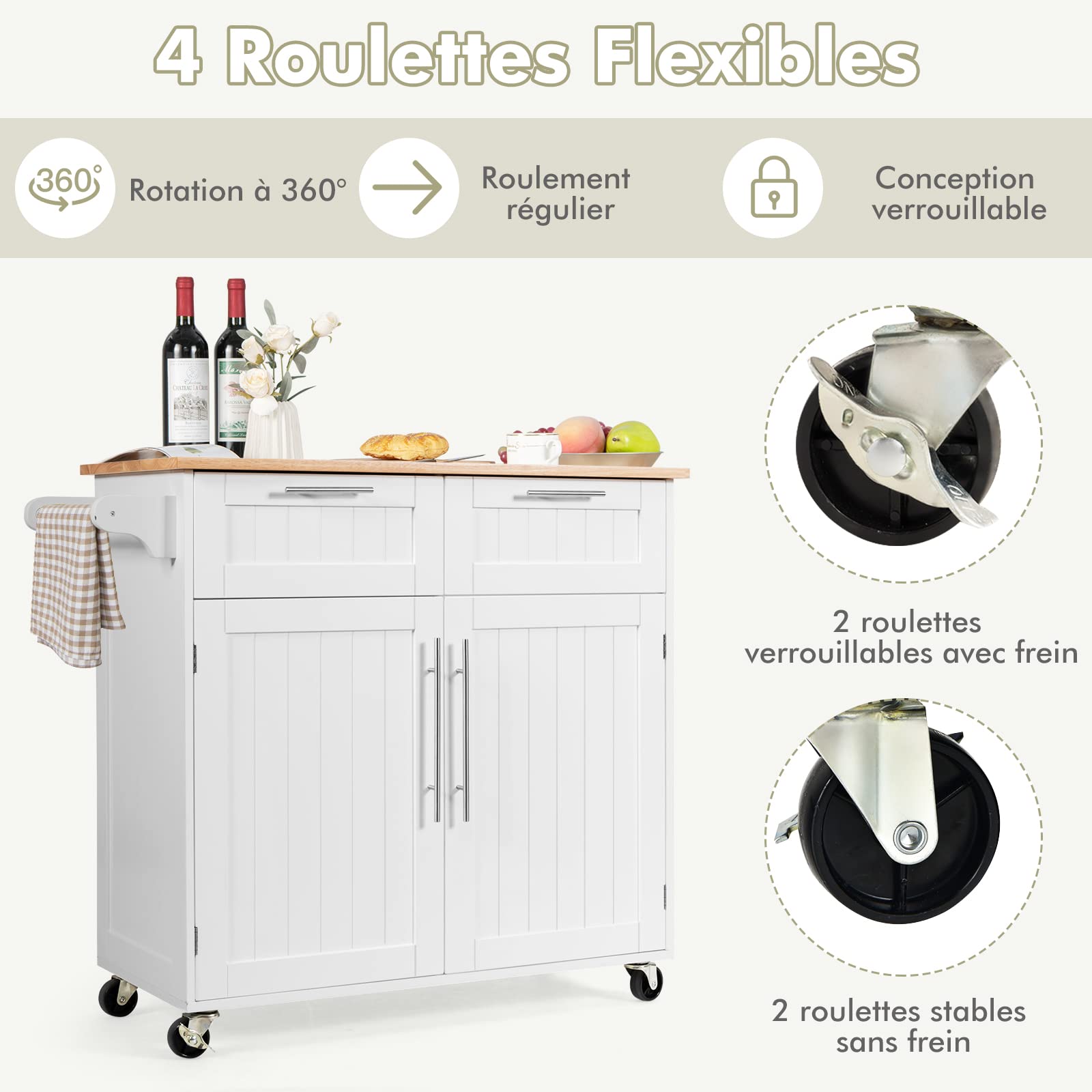 GOPLUS Postre con Ruedas, Cesta de Cocina de Madera, con Armario, Estante de 3 Niveles Ajustables y 2 cajones, toalleros, 94 x 45 x 94,5 cm, Blanco