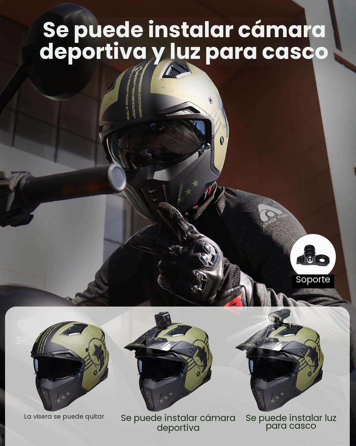 ILM Casco Moto Motocross Hombre Mujer-Casco Moto Jet Vintage Retro Patinete con Visora Homologado ECE,Verde Militar,XL
