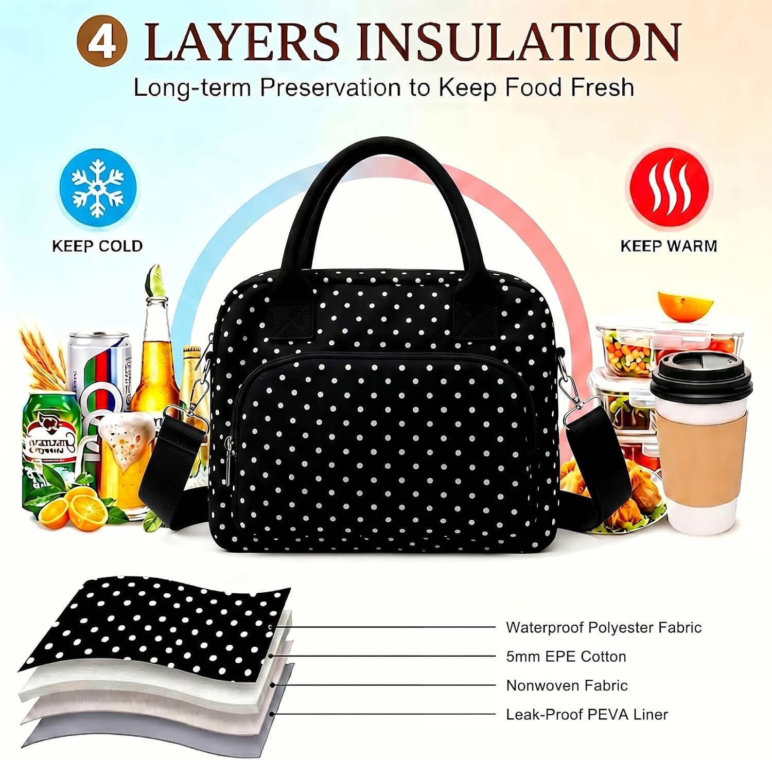 Insulated Lunch Bag for Women, Cute Polka Dot Large Capacity Leakproof Portable Thermal Lunch Box with Adjustable Shoulder Strap, Reusable Cooler Lunchbox Tote for Work Office Travel Picnic, Black
