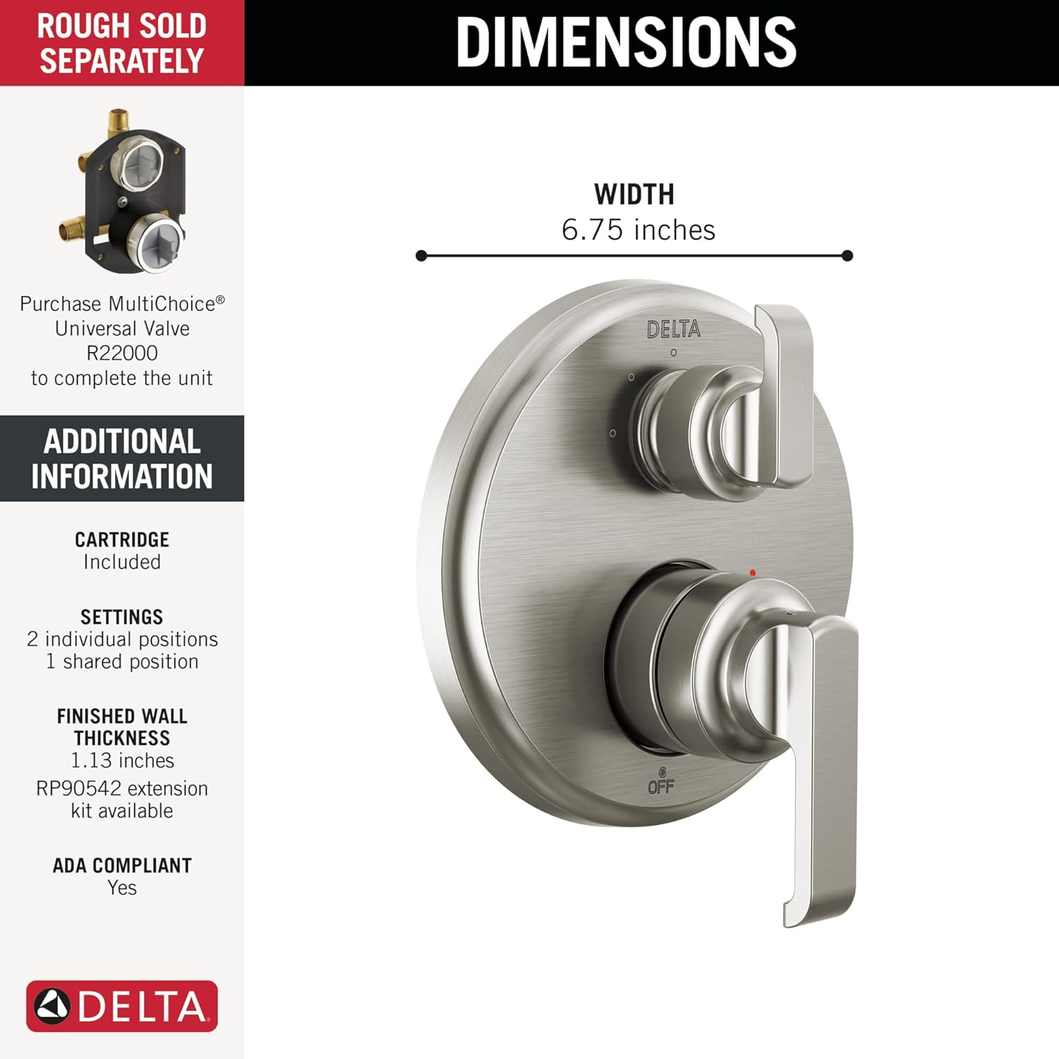 Delta Faucet Tetra 14 Series Brushed Nickel 3-Setting Integrated Diverter Valve Trim Kit, Brushed Nickel Diverter Valve Trim Kit, Shower Trim Kit, Lumicoat Stainless T24889-SS-PR (Valve Not Included) - Image 3