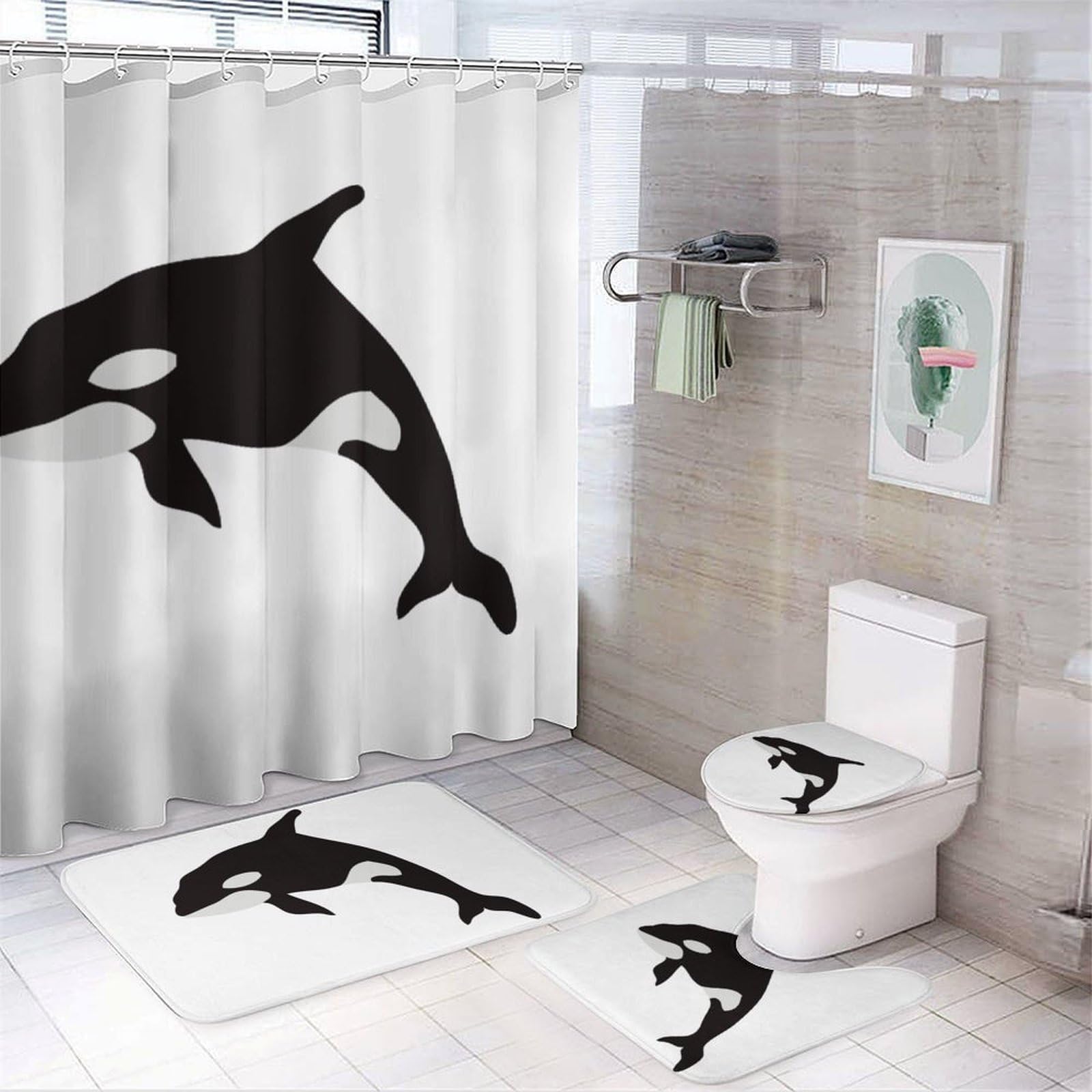 JiuPopular Bathroom Mat Set 4 Piece, Killer Whale Pattern Shower Curtain with Non-Slip Bath Mats for Bathroom