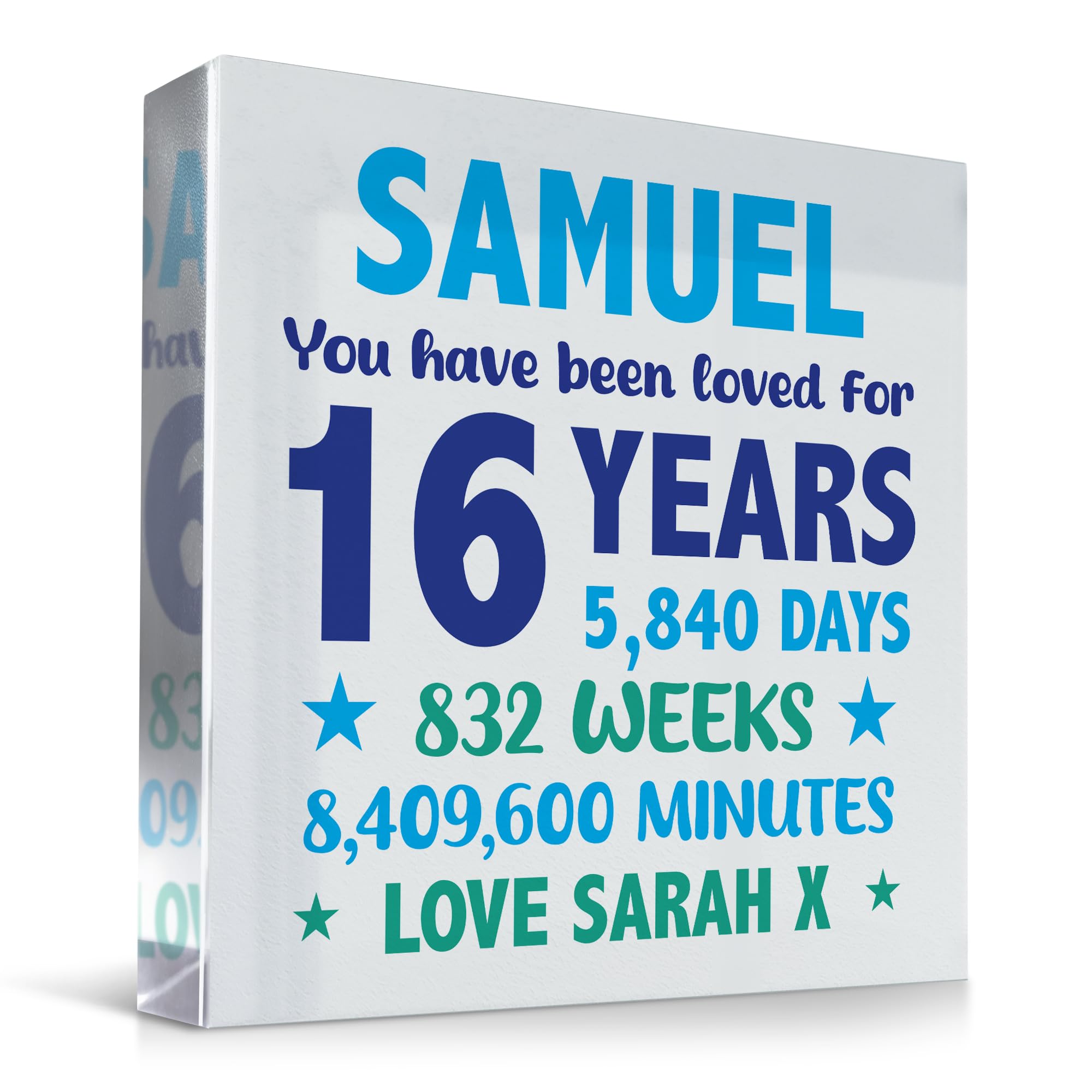 Red Ocean PERSONALISED 16th Birthday Gifts For Him Son Grandson Brother Acrylic Clear Block Gift For 16th Birthday Gift From Mum And Dad Special Keepsake