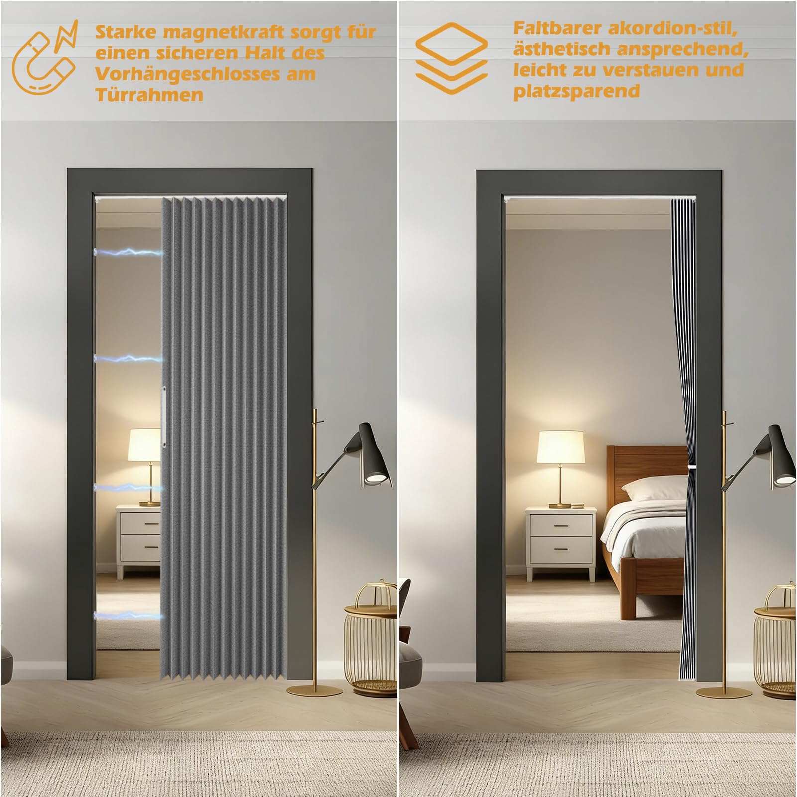 Magnetischer Türvorhang, 100% Verdunkelung, Akkordeon-Tür mit Magnetverschluss, Klebemontage ohne Bohren, inkl. Klebeschiene, Leinenoptik Faltbarer Raumteiler-Tür (Dunkelgrau)