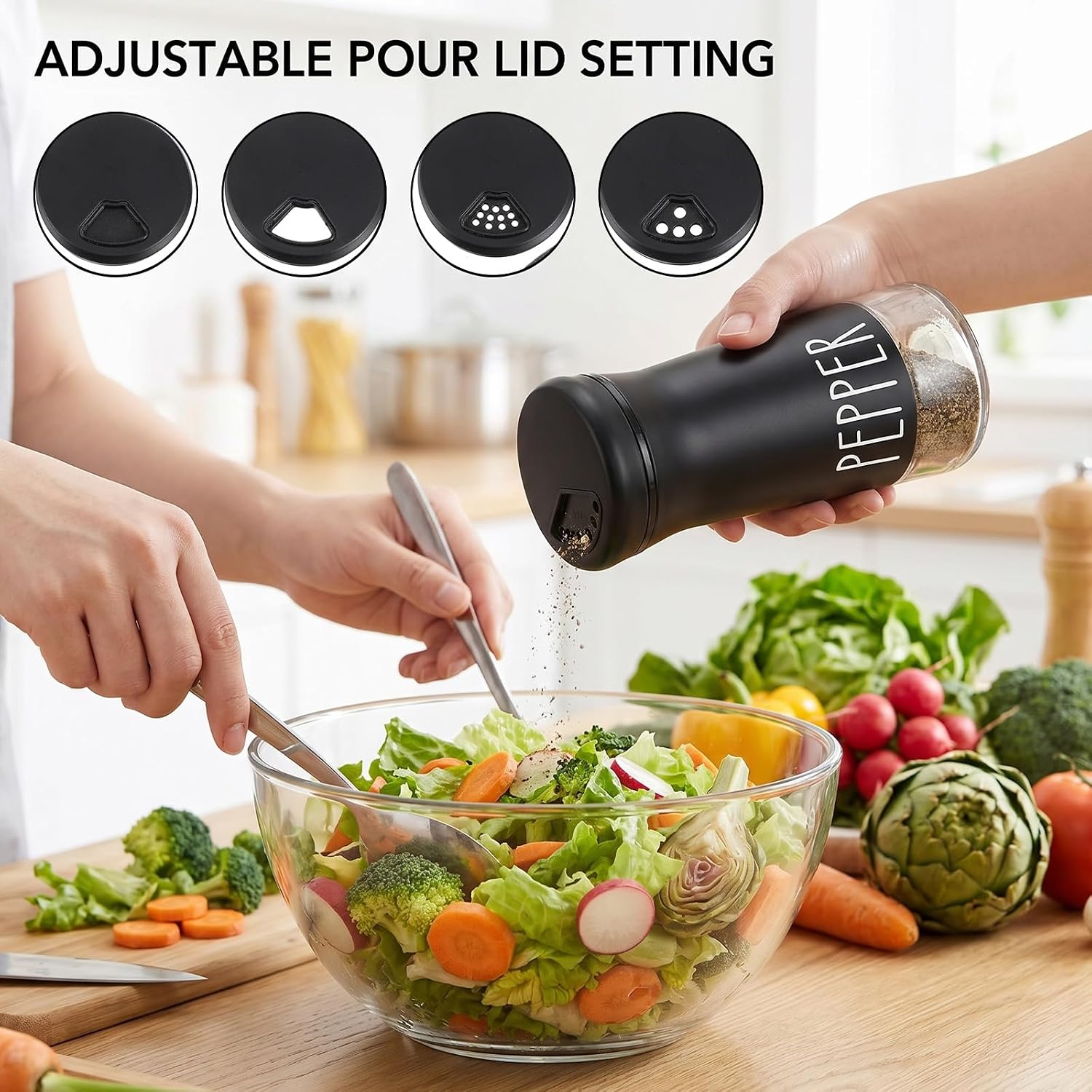 Sibba 6 Pack Salt and Pepper Shakers Set Farmhouse Salt and Pepper Shaker with Adjustable Pour Holes and Brushes, 3.5 oz Glass Bottom Refillable Salts Shaker for Modern Home Kitchen Decor, Black White