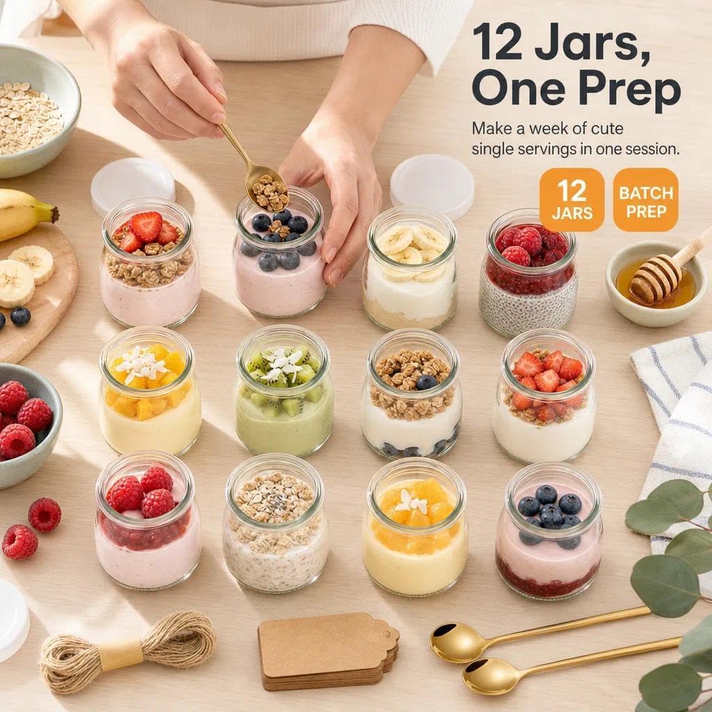 Słoiki deserowe, jogurt z pokrywką, szklanki deserowe 200 ml, 12 sztuk | Zawiera 12 etykiet, 12 sznurków i 2 łyżki do przechowywania budyniu, jogurtu, deserów i dżemów