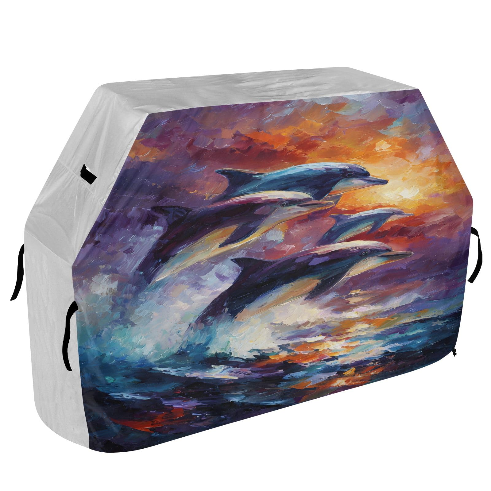 Copertura per barbecue di alta qualità, impermeabile, resistente allo sbiadimento, resistente, adatta per griglie fino a 63 cm, pittura a olio, delfini, tramonto
