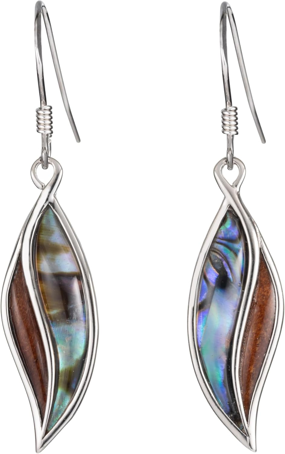 925 Sterling Silver Koa Wood and Abalone Shell Hawaiian Mauka to Makai Dangle Hook Earrings, Whale Tail Butterfly Maile Leaf Raindrop, Nickel Free Hypoallergenic for Sensitive Skin, Gift Box Included