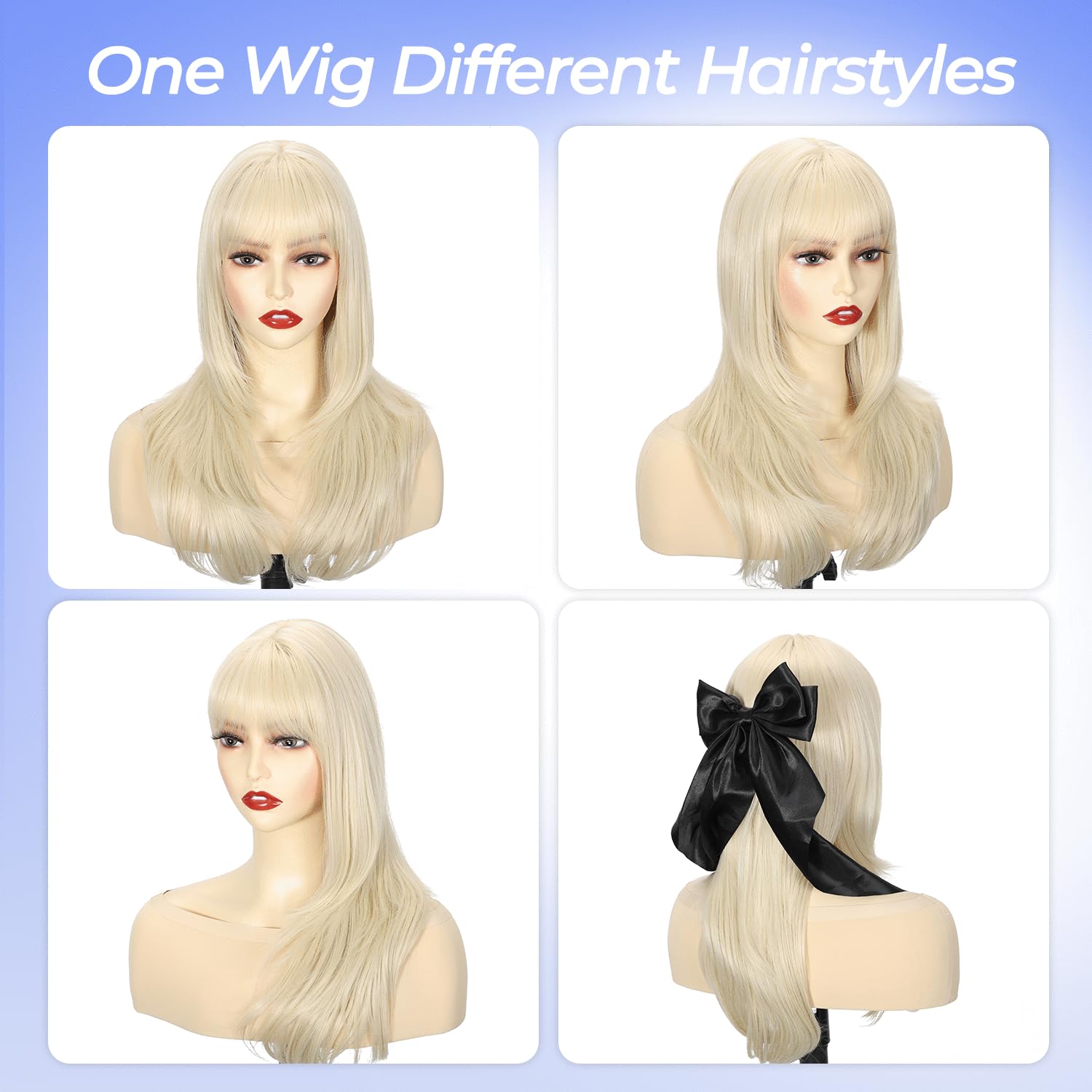 Sakuraaa Platinum Blonde Straight Wig with Bangs 20 Inch Medium Length Layered Synthetic Wigs for Women, Realistic Scalp Natural Looking Heat Resistant Wig for Daily Party Cosplay Use