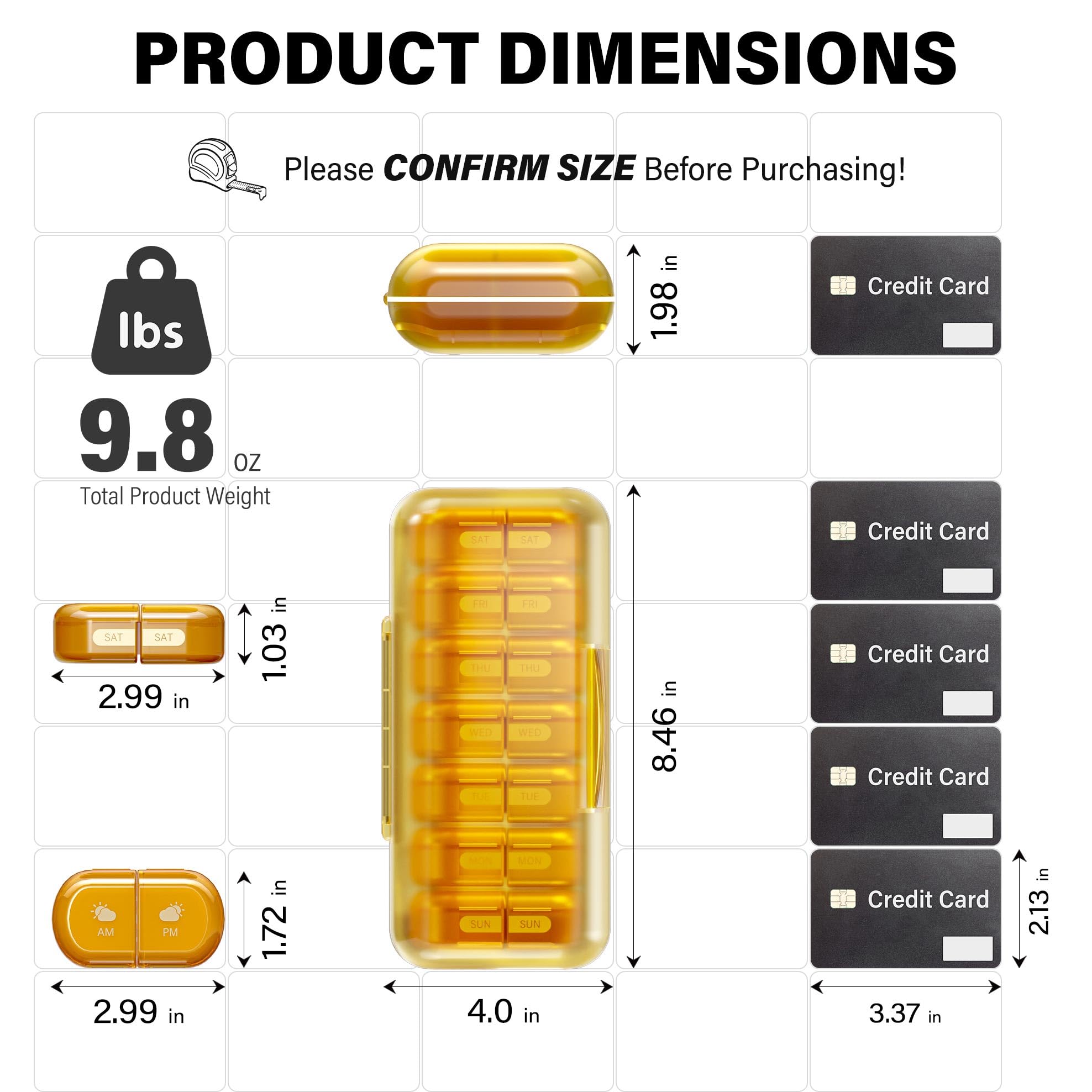 Pilulier hebdomadaire 2 fois par jour, résistant à l'humidité, compartiments amovibles, pilulier Am Pm 2 x 7 jours, pilulier de voyage pour pilules/huile de poisson/médicaments/vitamines