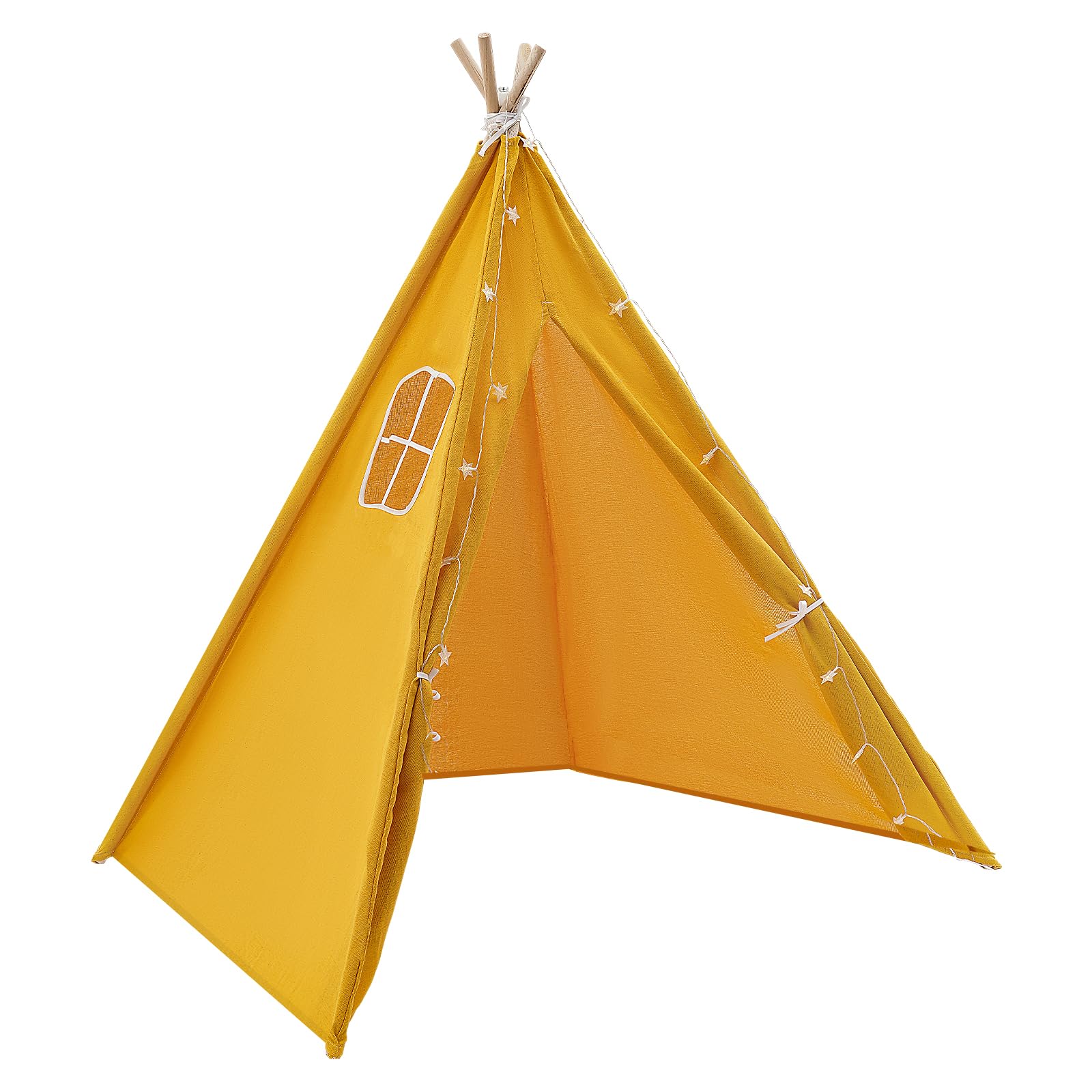 Tienda De Campaña Tipi Infantil De 120x120x140 Cm - Color Amarillo, Con Alfombra Y Guirnalda De Luces De 3m, Para Niños Y Niñas De 1 A 12 Años