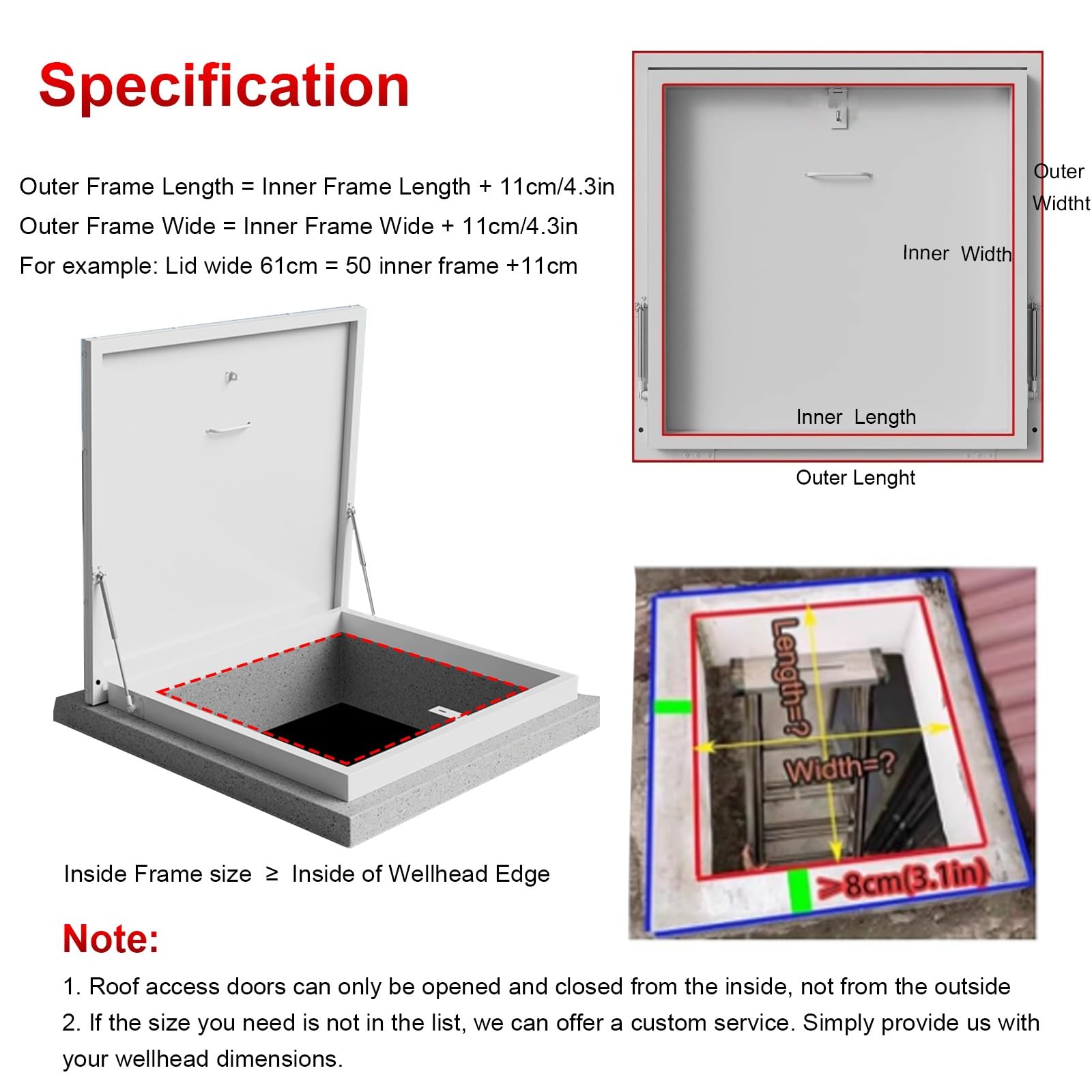 Portello di accesso al tetto, chiusura a gancio e maniglia, porta di accesso di sicurezza di emergenza per manutenzione e riparazioni, dimensioni interne 85,1 x 85,1 cm