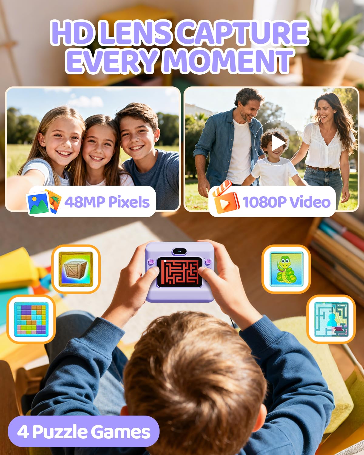 CalineGam Macchina Fotografica Bambini Istantanea, HD 1080P Macchina Fotografica Istantanea con Scheda da 32 GB e 3 Rotoli di Carta, Regalo di Natale per Ragazze Ragazzi dai 3 ai 14 Anni