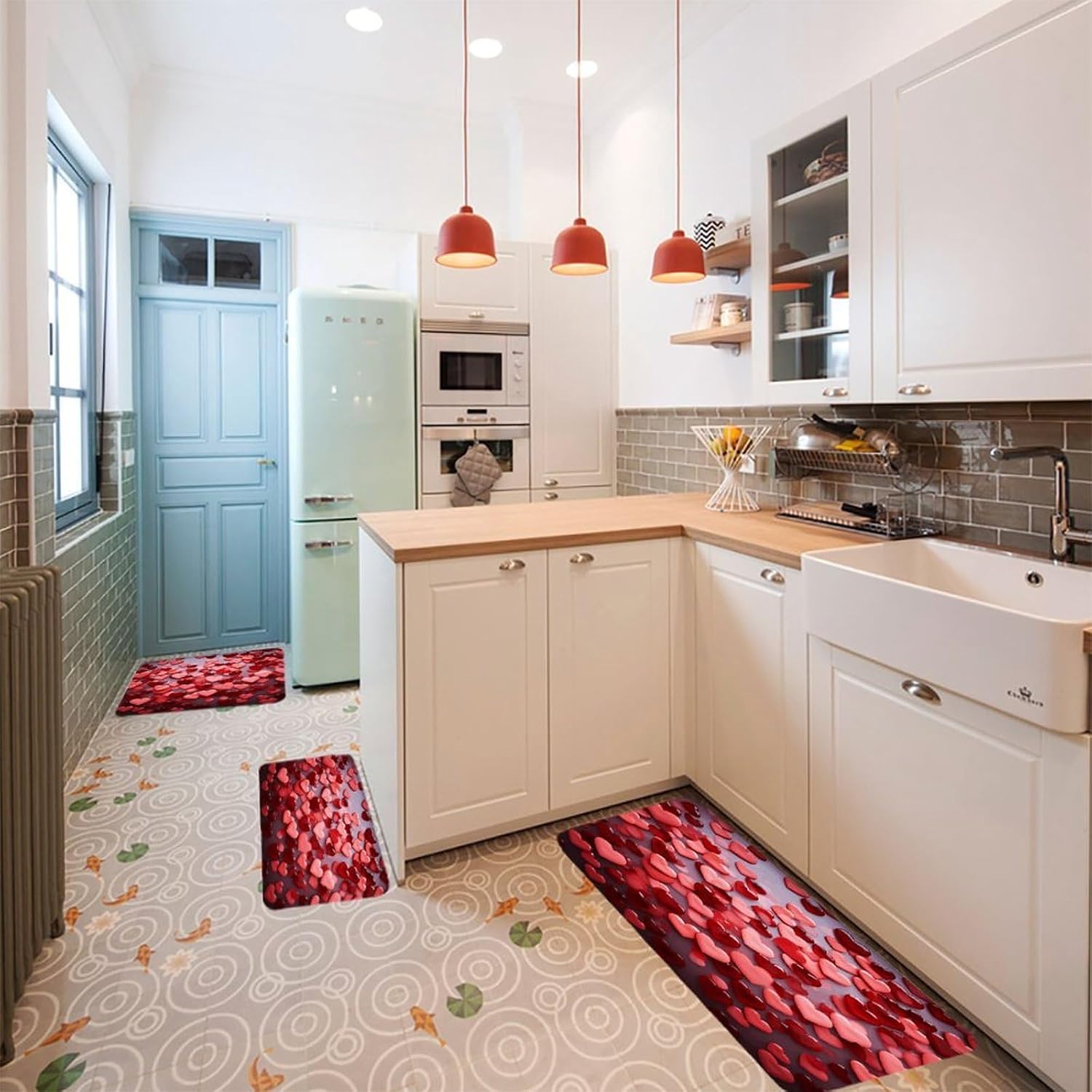 Red Hearts Kitchen Rugs Sets of 3 Washable Non Slip Kitchen Rug Water Resistant Carpet Piece Anti Fatigue Kitchen Mats Soft Comfort Standing Mat Modern Area Rug