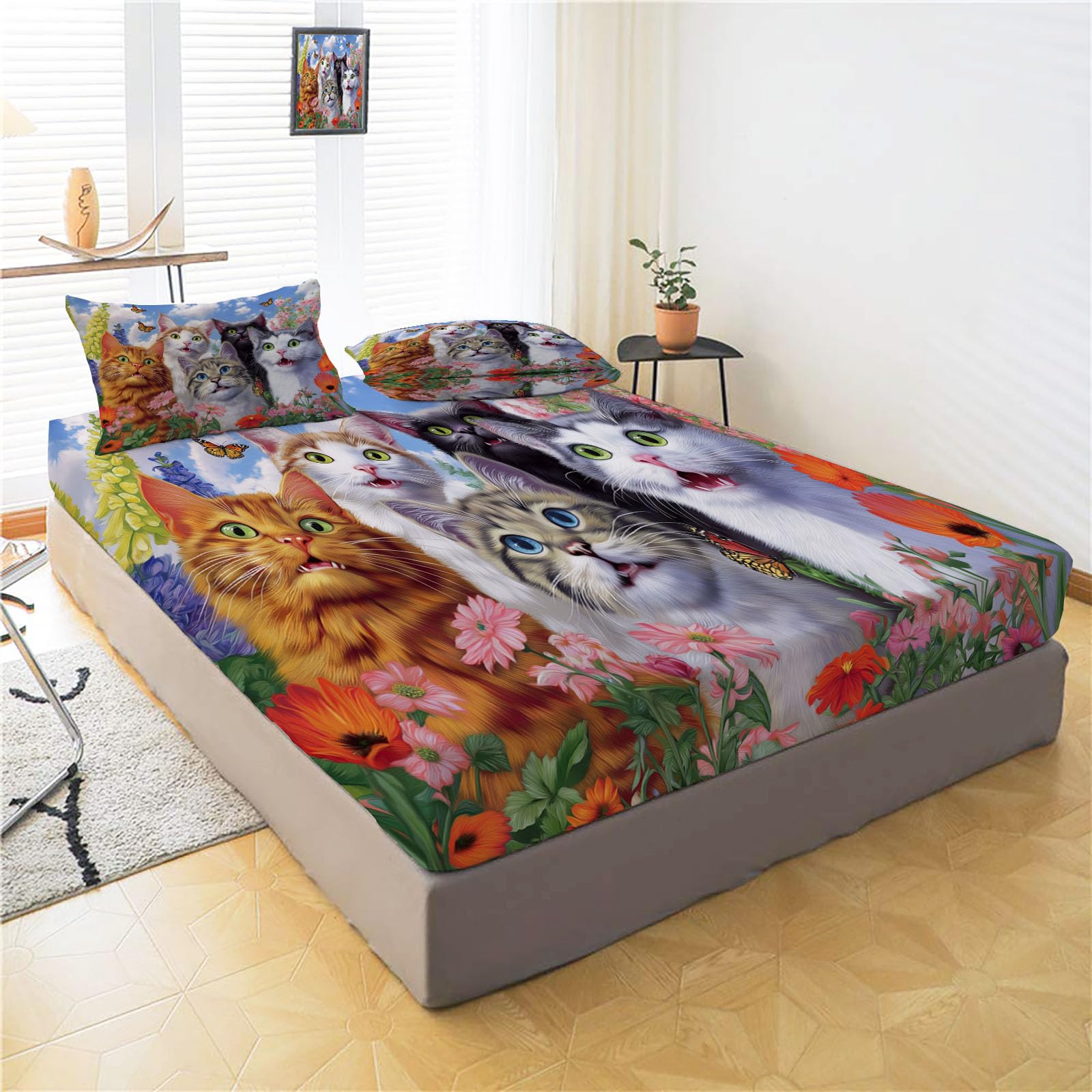 Sábanas 200X190/200Cm - Juego De Sábanas 3 Piezas Estampadas Lindo Gato - Microfibra Suave Transpirable - Sábana Bajera Ajustable - Ropa De Cama Jardín De Ensueño (Azul Cielo)