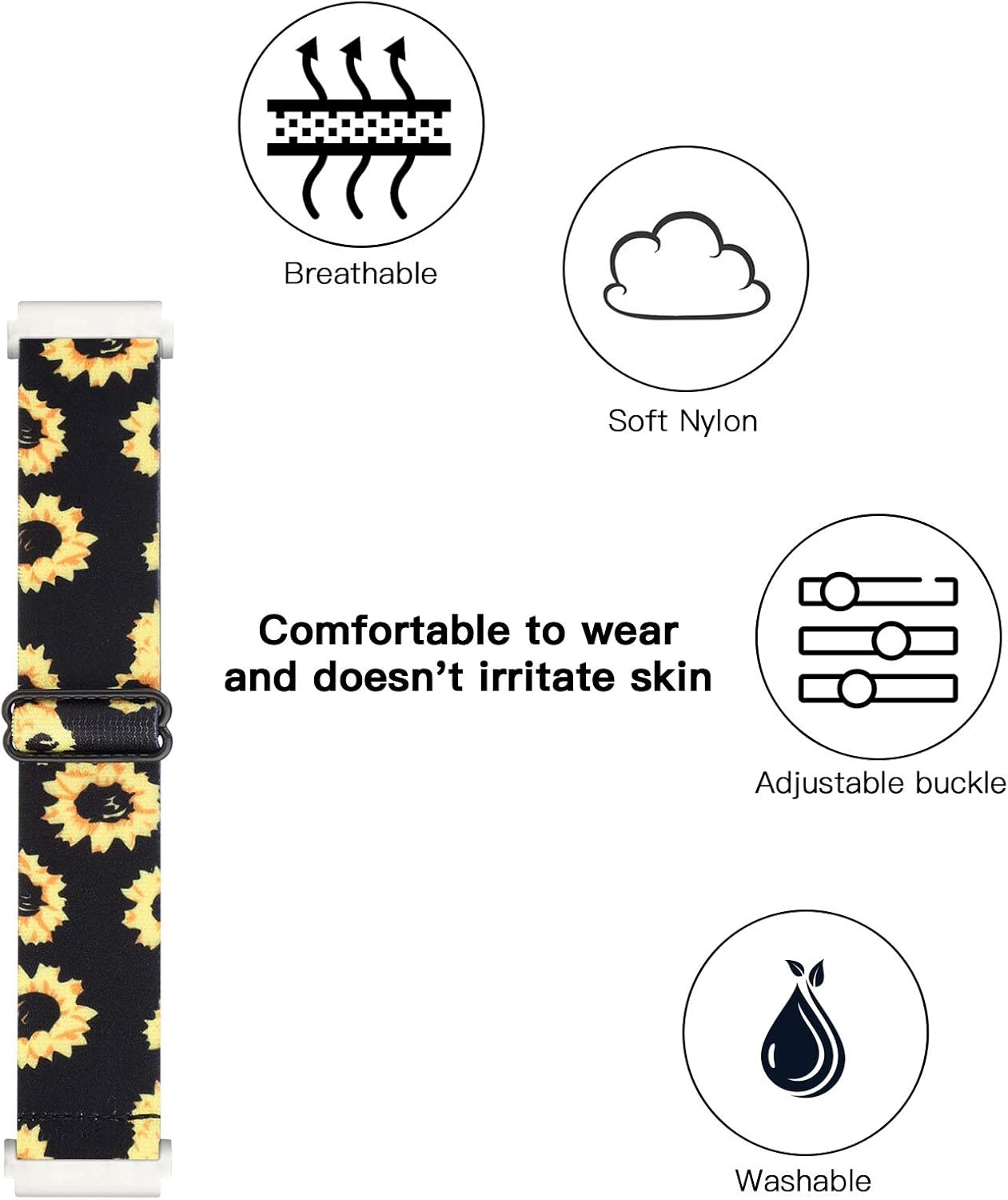 Adjustable Elastic Watch Band Compatible with Fitbit Versa/Versa 2/Versa Lite Special Edition for Women Men Nylon Stretchy Strap Wristband for Fitbit Versa Smart Watch (Black Sunflower)