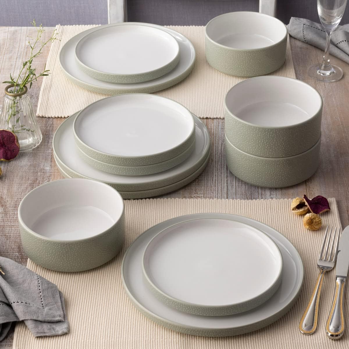 Noritake ColorTex Stone Sage 12-Piece Dinnerware Set, Service for 4