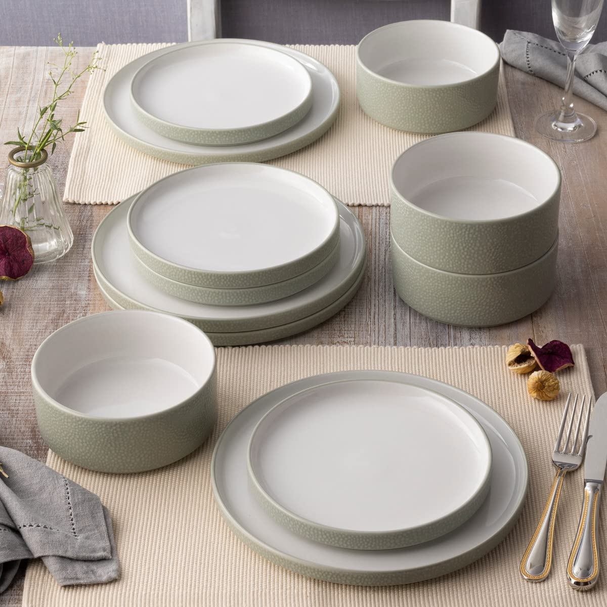  食器 12個セット Amazon.co.jp: Noritake ColorTex ストーンセージ 12点食器セット 4人