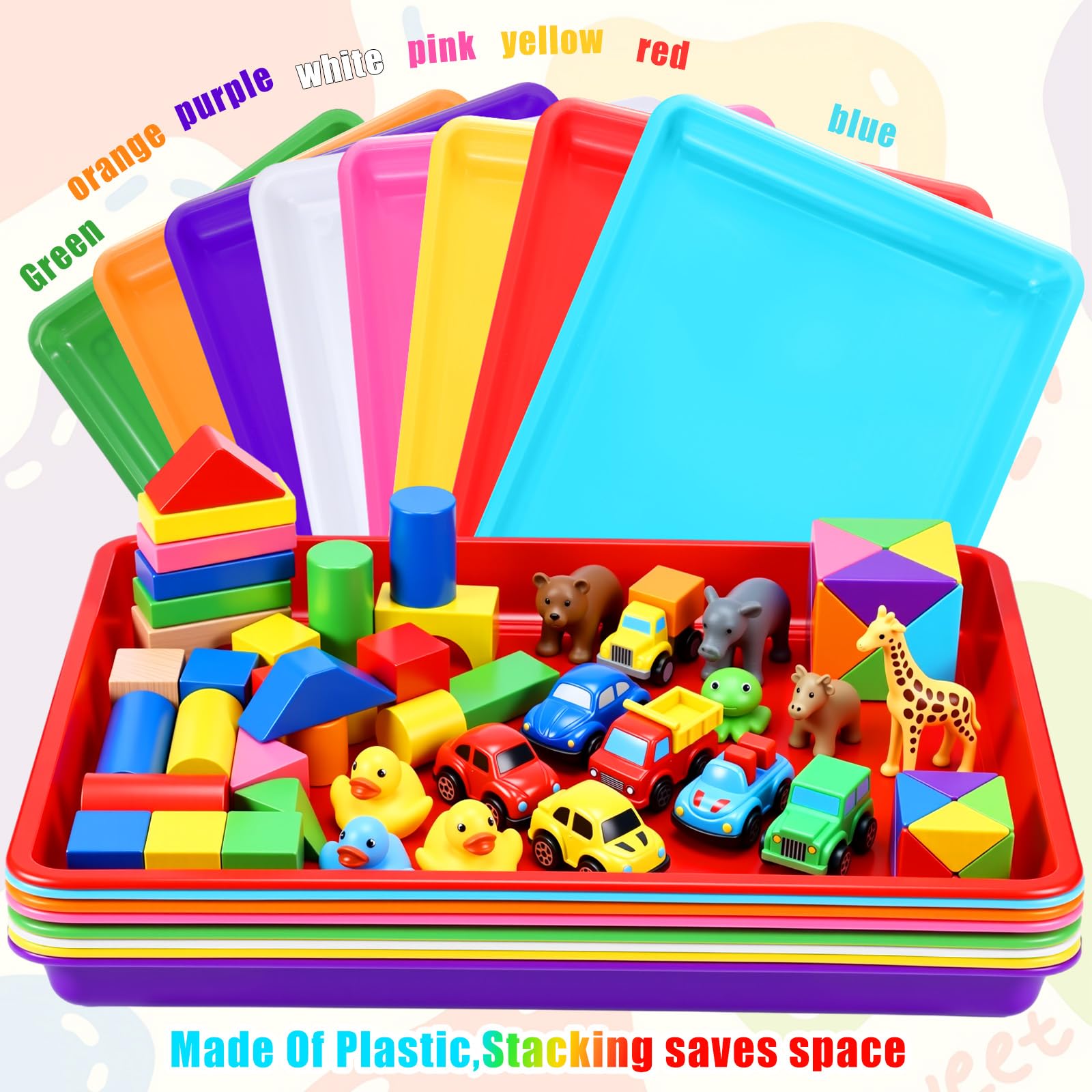 Maitys Flache Kunststoff-Tabletts, 40 x 30 cm, sensorische Aufbewahrung, Papierablage, stapelbar, Klassenzimmer, für Büro, Zuhause, Organizer, Bastelbedarf, 15 Stück (lebendige Farben)