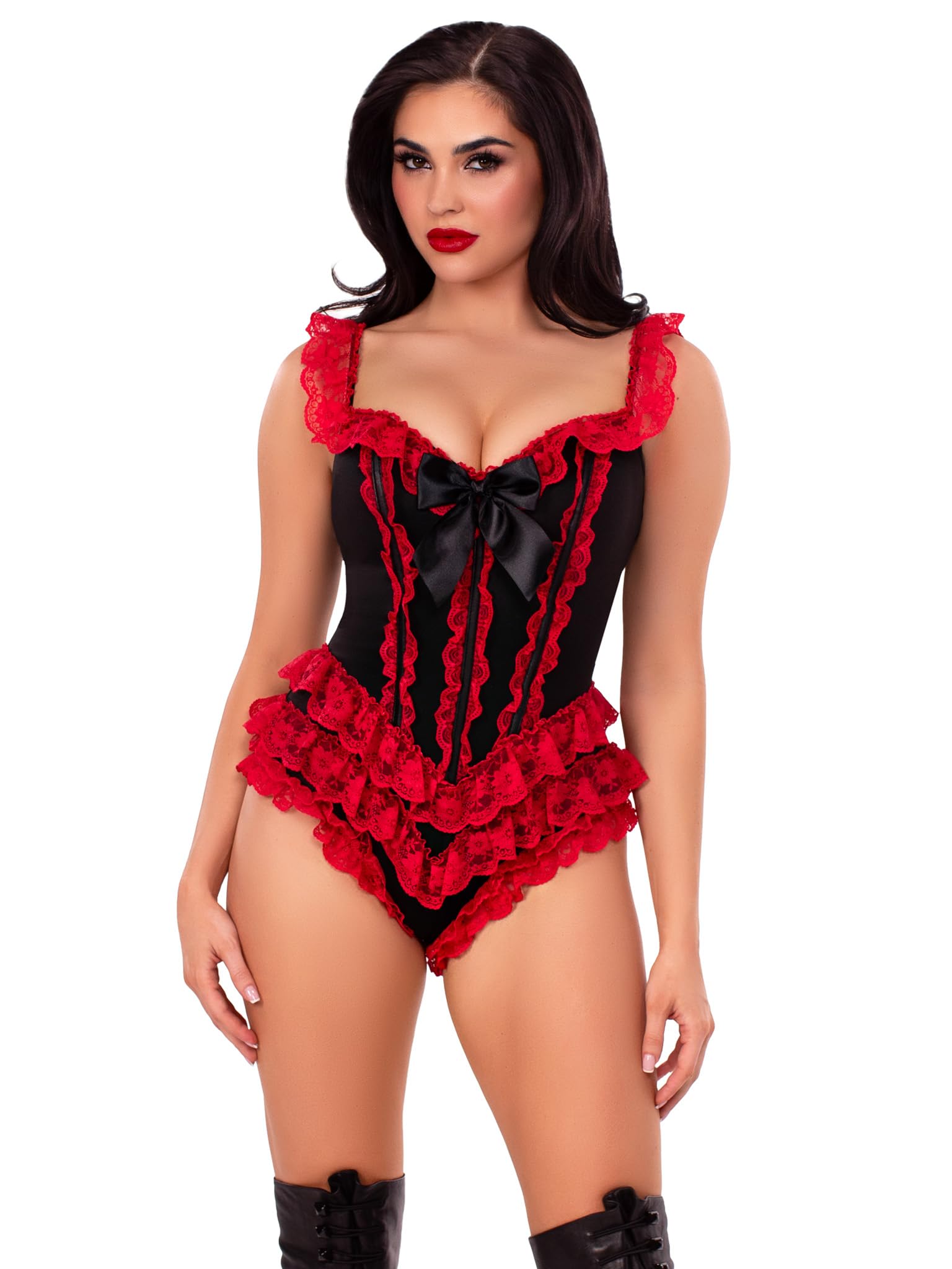 Leg Avenue Boned Ruffle Bodysuit with Bow Accent, Xs, BLACK/RED
