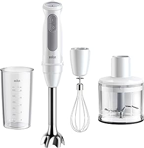 Braun MultiQuick 5 MQ50.236M PowerBell Plus Hand Blender, 21 Speeds & Turbo, EasyClick Plus System, Stainless Steel Rod, Whisk, Chopper 350 ml and Beaker 600 ml, Included, 1000W, White