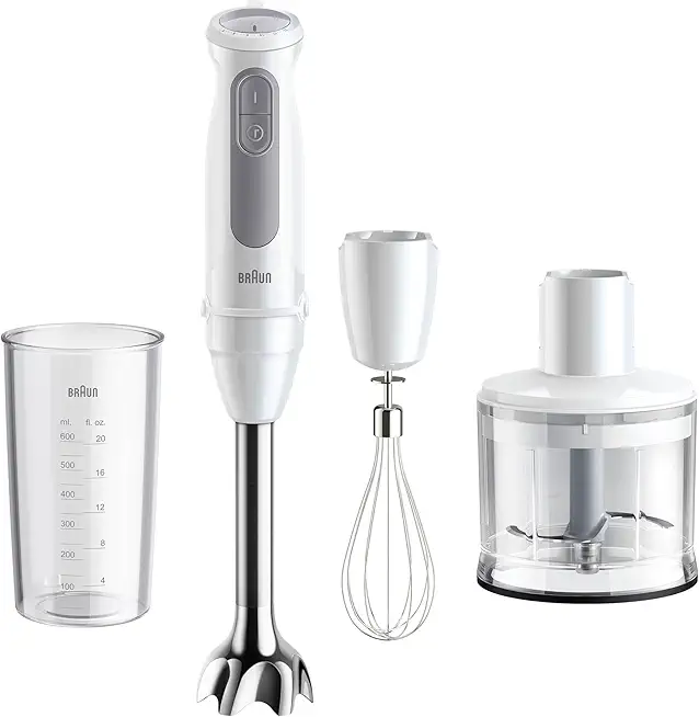 Braun Stabmixer MultiQuick 5 MQ 50236 M - Elektrischer Stabmixer mit 21 Geschwindigkeitsstufen + Turbo, Edelstahl Pürierfuß, Easy Click System, SplashControl, 3-teiliges Zubehör-Set, 1000 Watt, Weiß