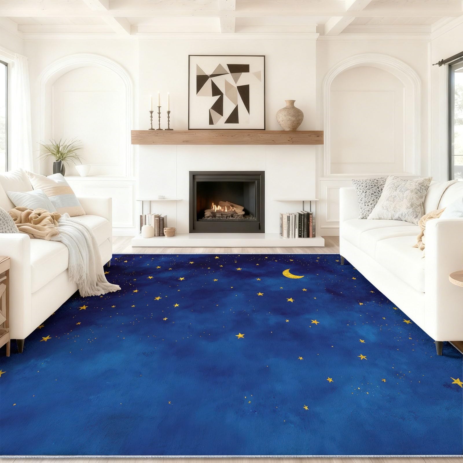 Adapté aux Enfants et Animaux : Tapis de Chambre Aquarelle Minimaliste Lune Étoiles Lavable 90 x 150 cm Tapis de Sol en Flanelle Doux et Antidérapant Facile à Nettoyer pour Bureau et Couloir Bleu