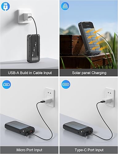 Miniatura 5 de Cargador solar con cargador de batería externa PD de 20 W de carga rápida, cargador de teléfono portátil de 40000 mAh, 4 cables integrados con