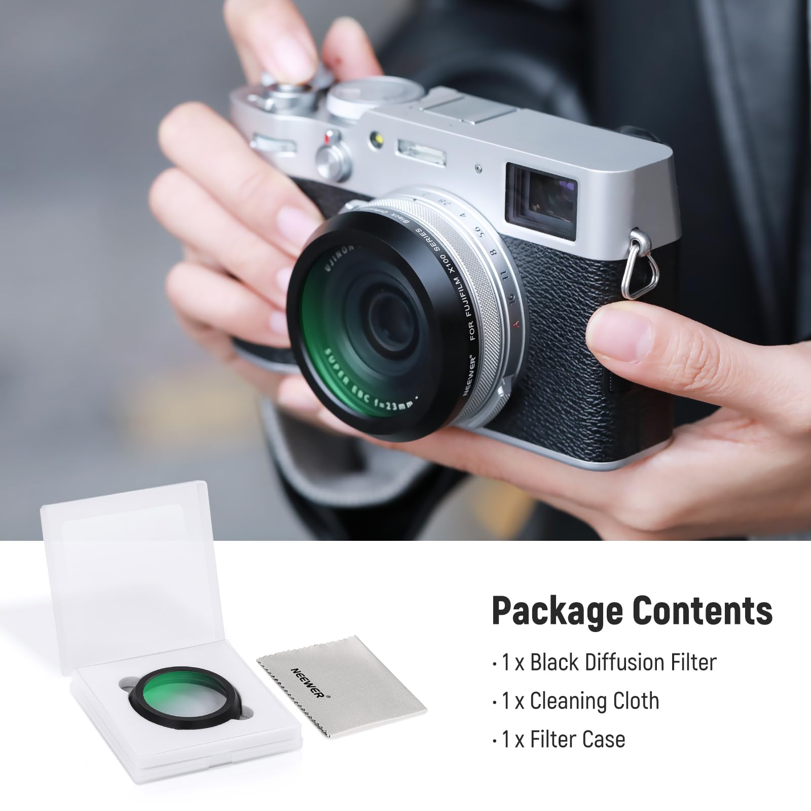 NEEWER Black Diffusion 1/4 Filtro Per Effetto Mist Cinematic per Fotocamere Serie X100, Vetro Ottico Multistrato, per Fujifilm X100 X100S X100F X100T X100V X100VI (Cornice Nera)