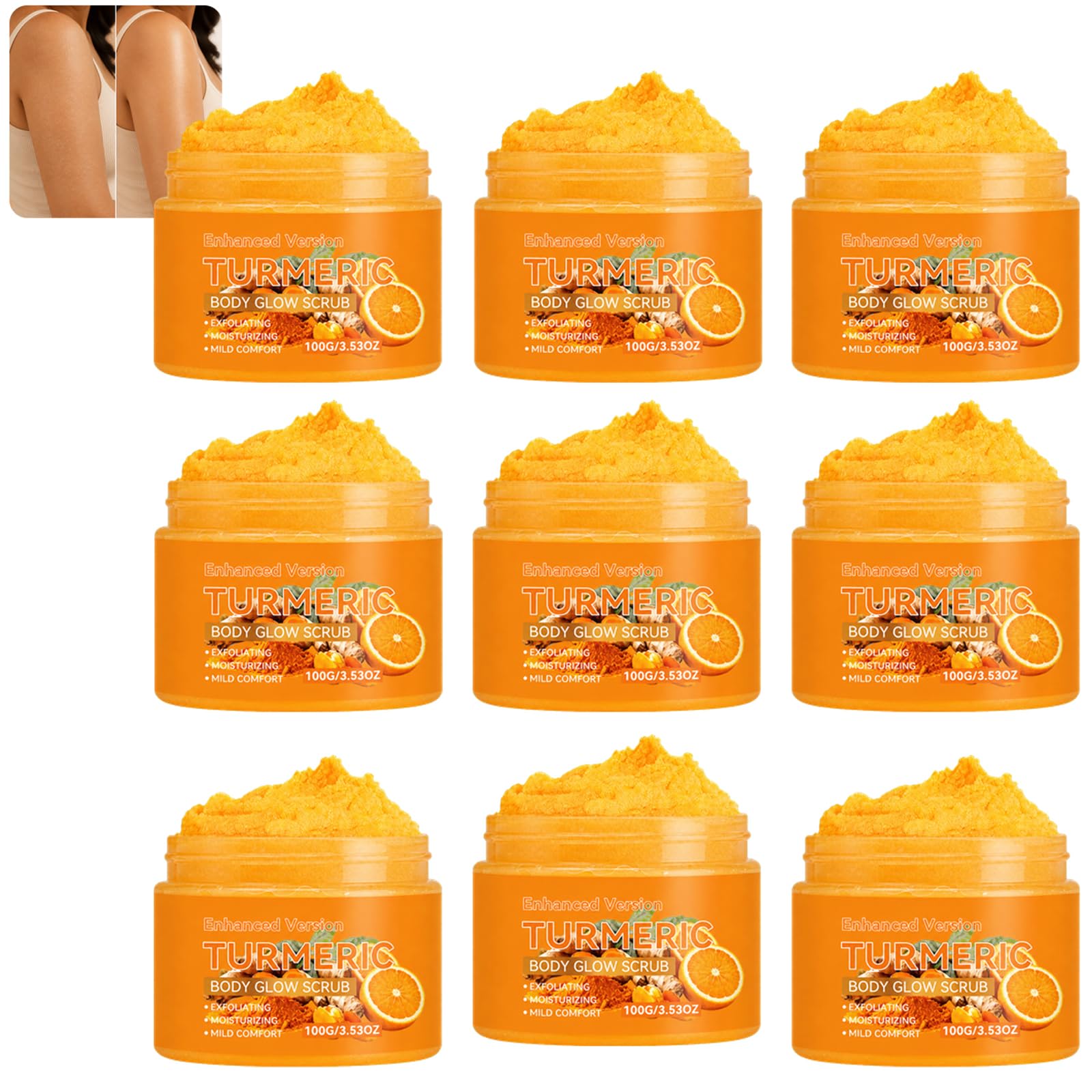 Gommage corporel au curcuma à l'orange douce, gommage exfoliant nettoyant en profondeur pour la peau, vernis à rincer non gras, exfoliant pour la peau pour le corps, routine de soins frais (9PCS)