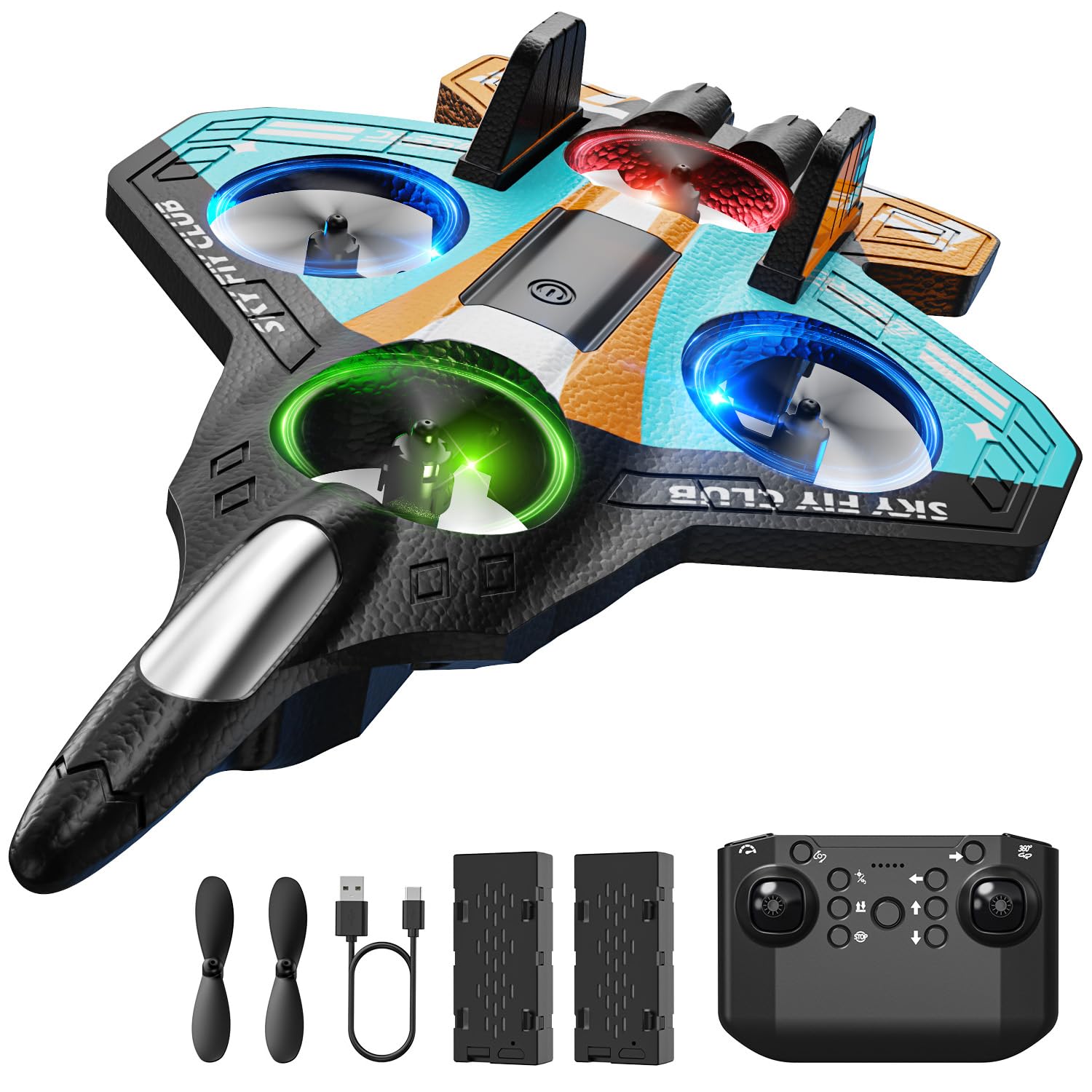 DEERC Aereo in schiuma RC per bambini, aereo radiocomandato in altezza, clip 3D e luci a LED, 2 batterie, aereo RC adatto ai principianti per ragazzi e ragazze (blu-arancio)