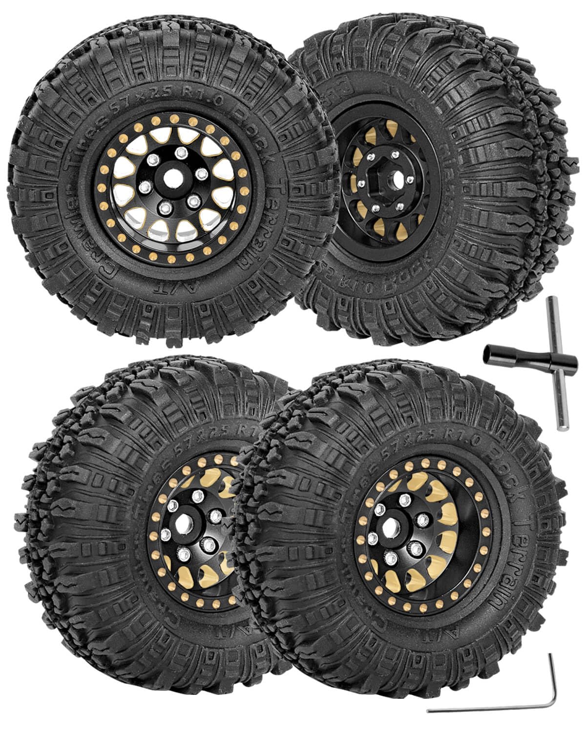 Full Brass 1.0in Beadlock RC Truck Tires Wheel Tires Upgrades Part for 1/18 1/24 Trx4m Axial SCX24 RC Crawler,RC Wheels Hops Up(4pcs Black)