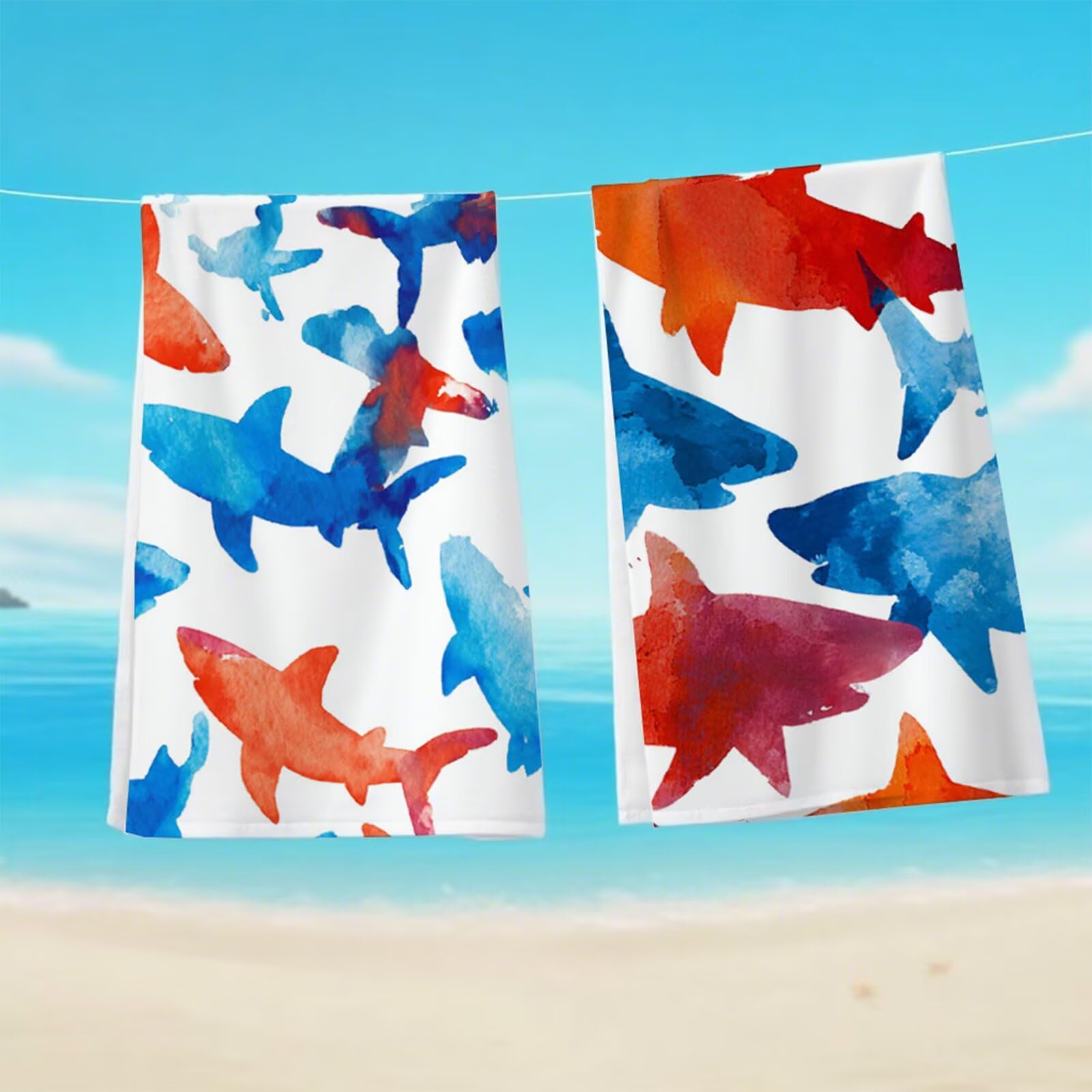 Telo Mare Grande 220x100 cm, Telo Mare Microfibra, 2 Set Asciugamano palestra, Stuoia Spiaggia Compatta, Leggero, Antisabbia, Asciugatura Rapida, per Spiaggia, Viaggi, Sauna (Pesce Cartoni) G1-505