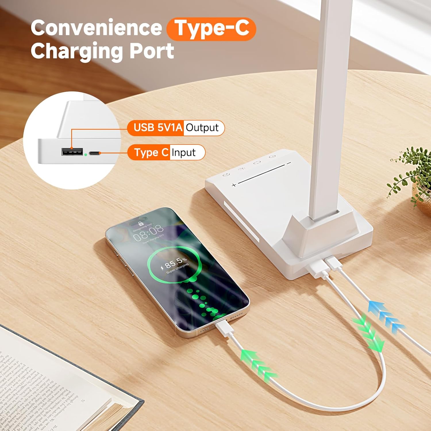 ShineTech LED Desk Lamp for Home Office, Dimmable Desk Light with 25 Lighting Combinations and USB Port, Memory and Timer Folding Reading Light for Study Nightstand, White