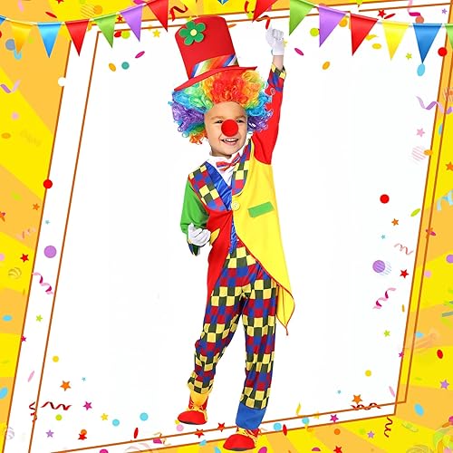 Miniatura 3 de Yahenda Juego de disfraz de payaso de 7 piezas, incluye disfraz de payaso rojo, peluca de payaso, zapatos de payaso, accesorios de sombrero de payaso