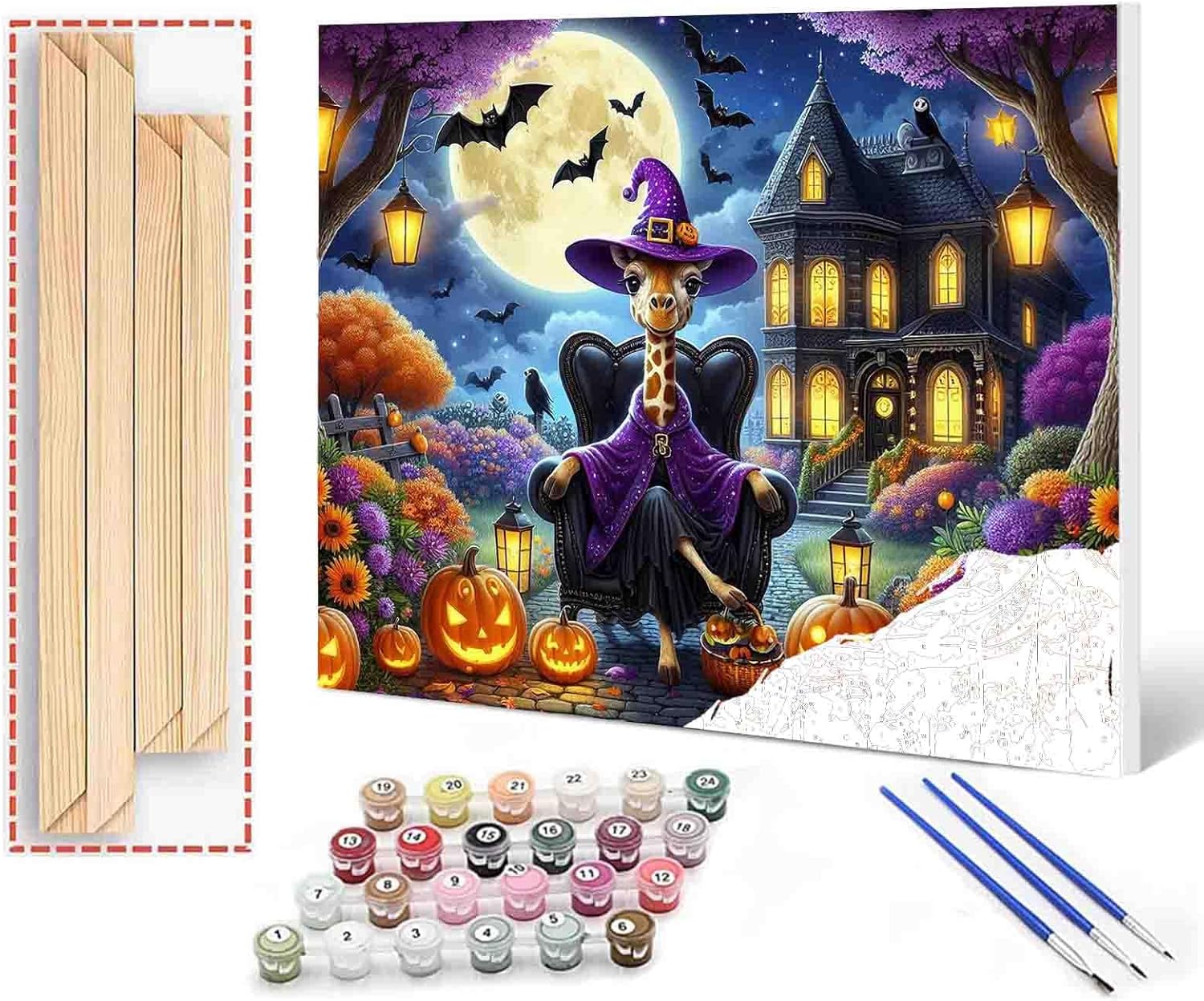Halloween Witch Poodle Paint by Numbers Kit for Adults DIY Acrylic Painting Project Halloween Night Cute Animal Pumpkin Canvas Art Set Relaxing Craft Activity Gift Home Decor 16x20 Inch (DIY Framed)