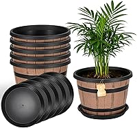 WEICHENGXING 12 Inch Whiskey Barrel Planters 5 Pack with Drainage Holes & Saucers - Realistic Wood Design Plastic Pots for Indoor Outdoor Plants
