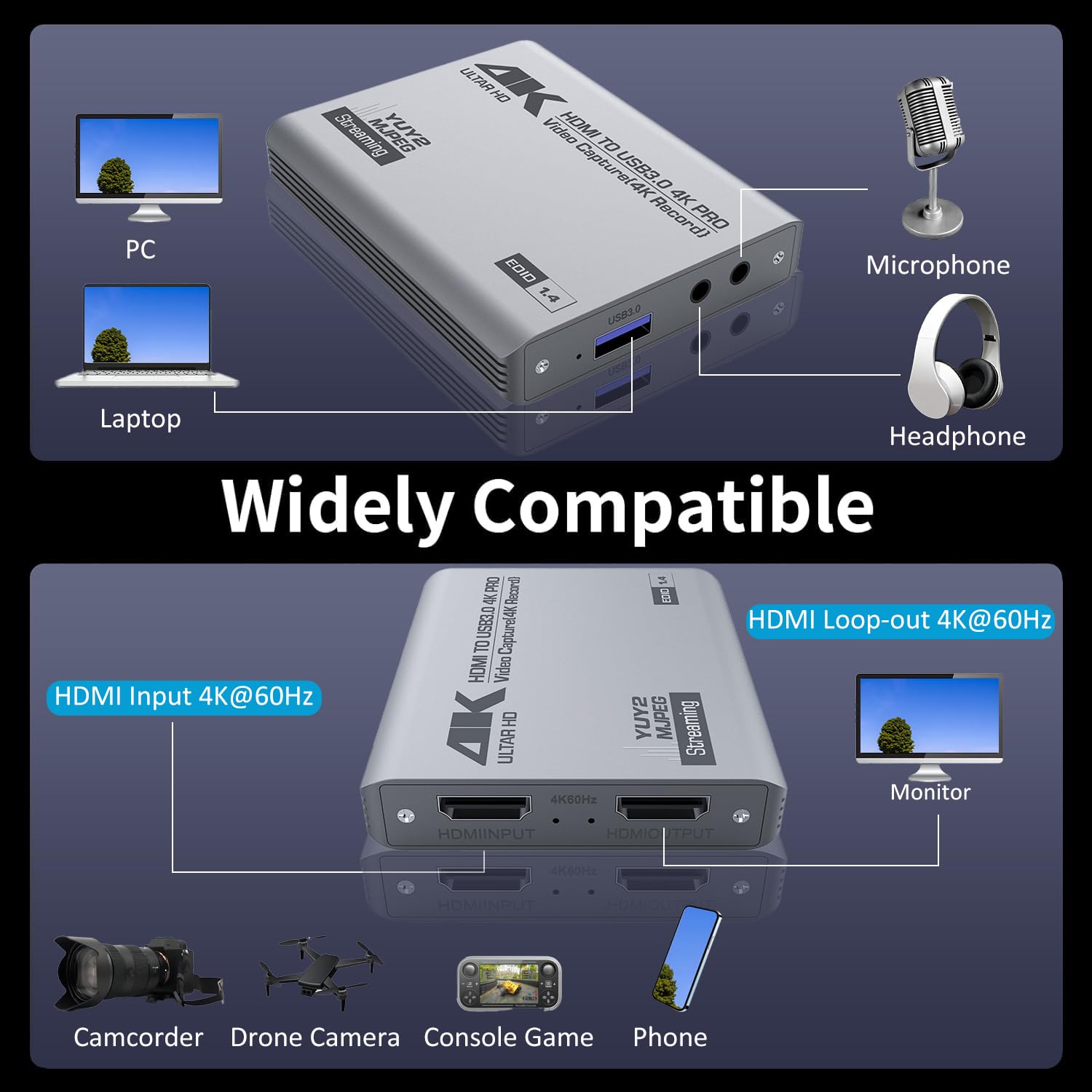 4K HDMI Video Capture Card with Loop-Out, USB 3.0, 1080P 60FPS/2K 30FPS, Audio & Video Streaming Capture Device for PS5, Switch, Camera, PC, Compatible with OBS