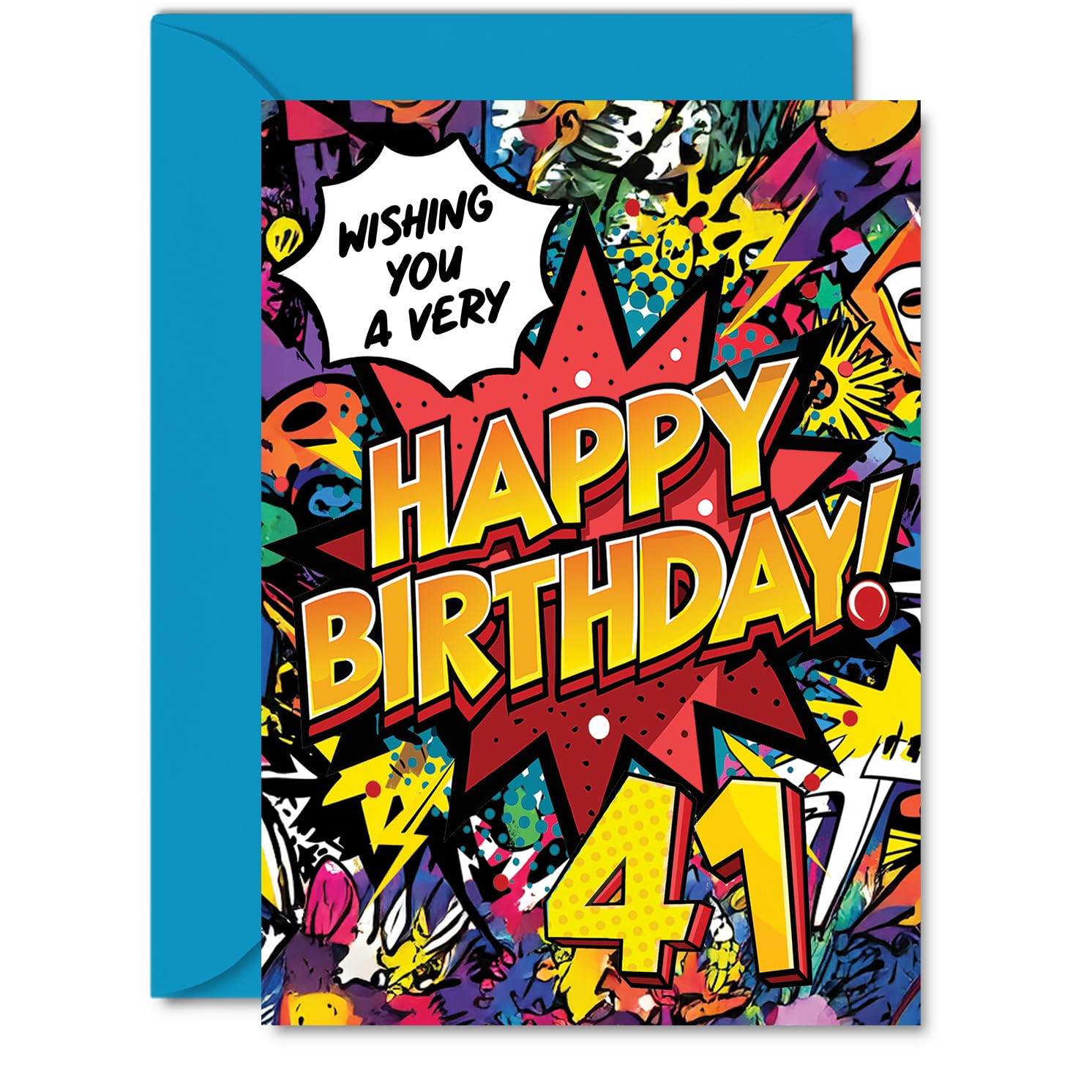 41st Birthday Cards for Men Women - Comic Book Pow! - Happy Birthday Card for 41 Year Old Man Woman Neighbour Friend Auntie Son, A5 Bday Greeting Cards