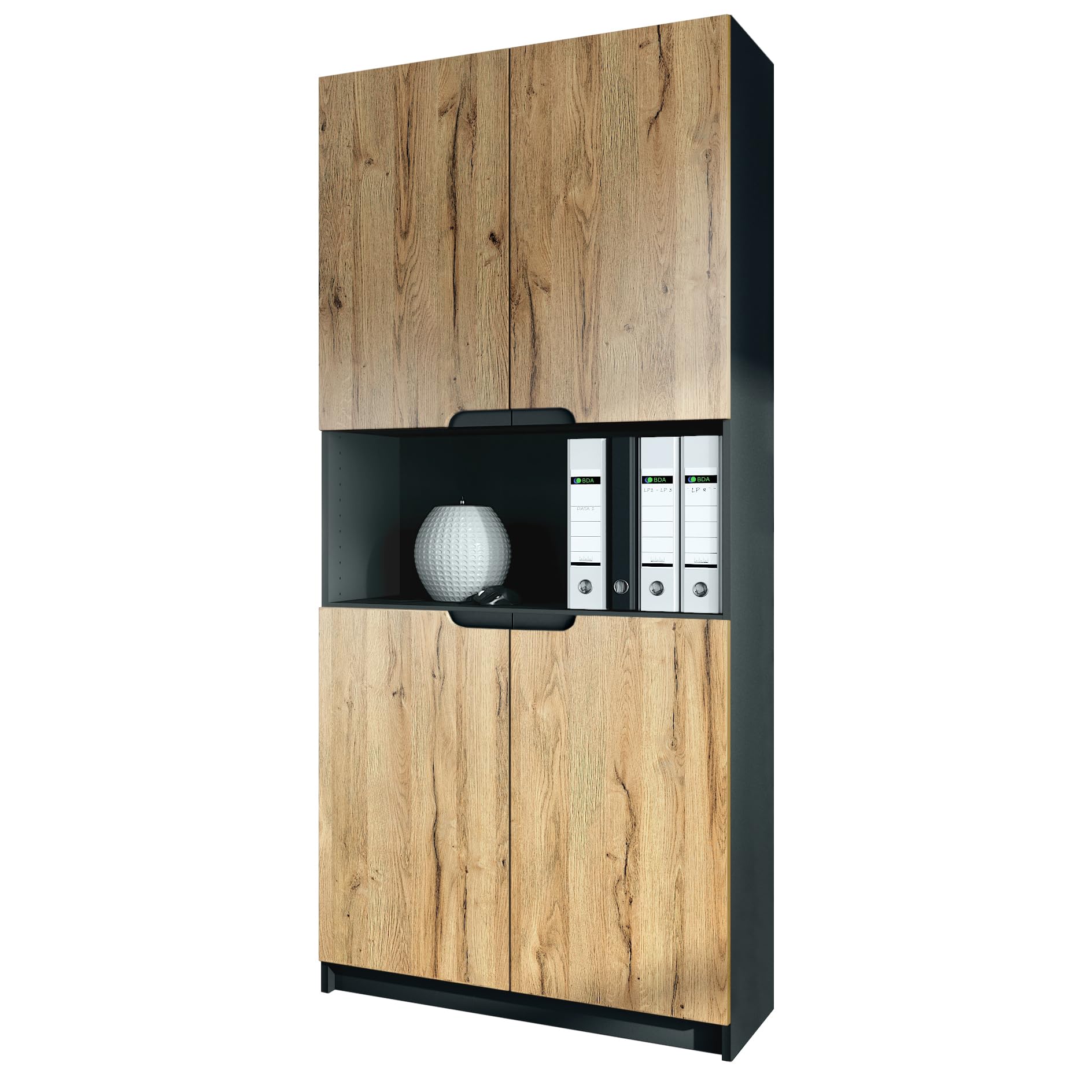 Vladon Étagère de Bureau Logan V2, Armoire de Rangement avec 5 Compartiments et 4 Portes, Noir Mat/chêne Nature (82 x 184 x 37 cm)